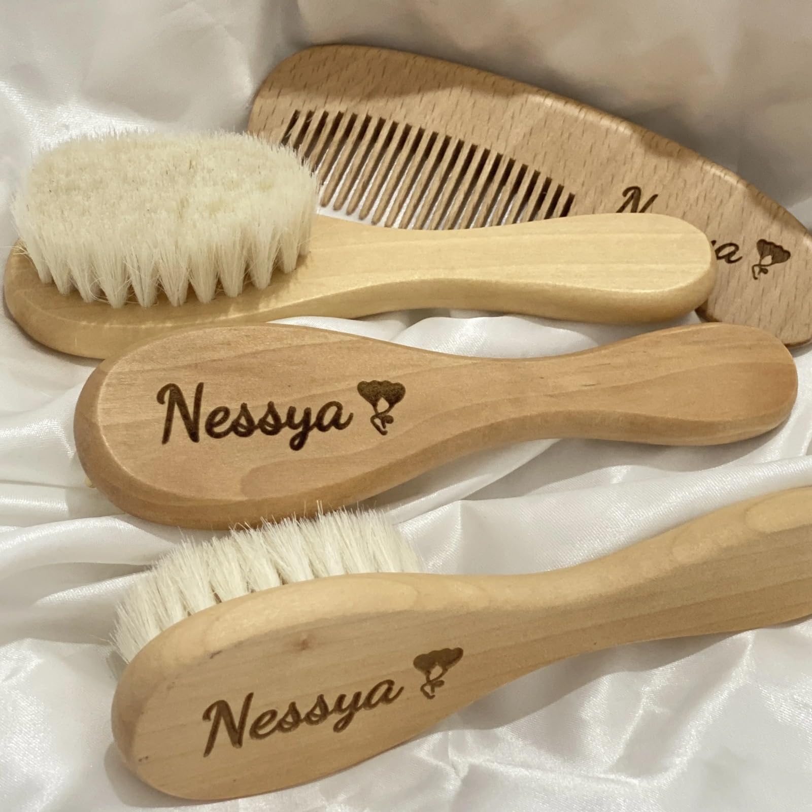Set Da 3 Pezzi Set Di Spazzole E Pettini Personalizzati Personalizzati For Neonati, Spazzola For Capelli For Bambini, Pettine In Legno Bambini, Cuffia For Culla, Spazzola Con Setole Di Capra Naturali