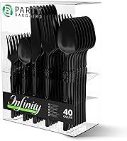 Vista 261 de Party Bargains Disposable Plastic Black Gold Cutlery Set, Infinity Modern Design Utensils, 40 Pack: 16 Forks, 8 Knives, 16 Spoons