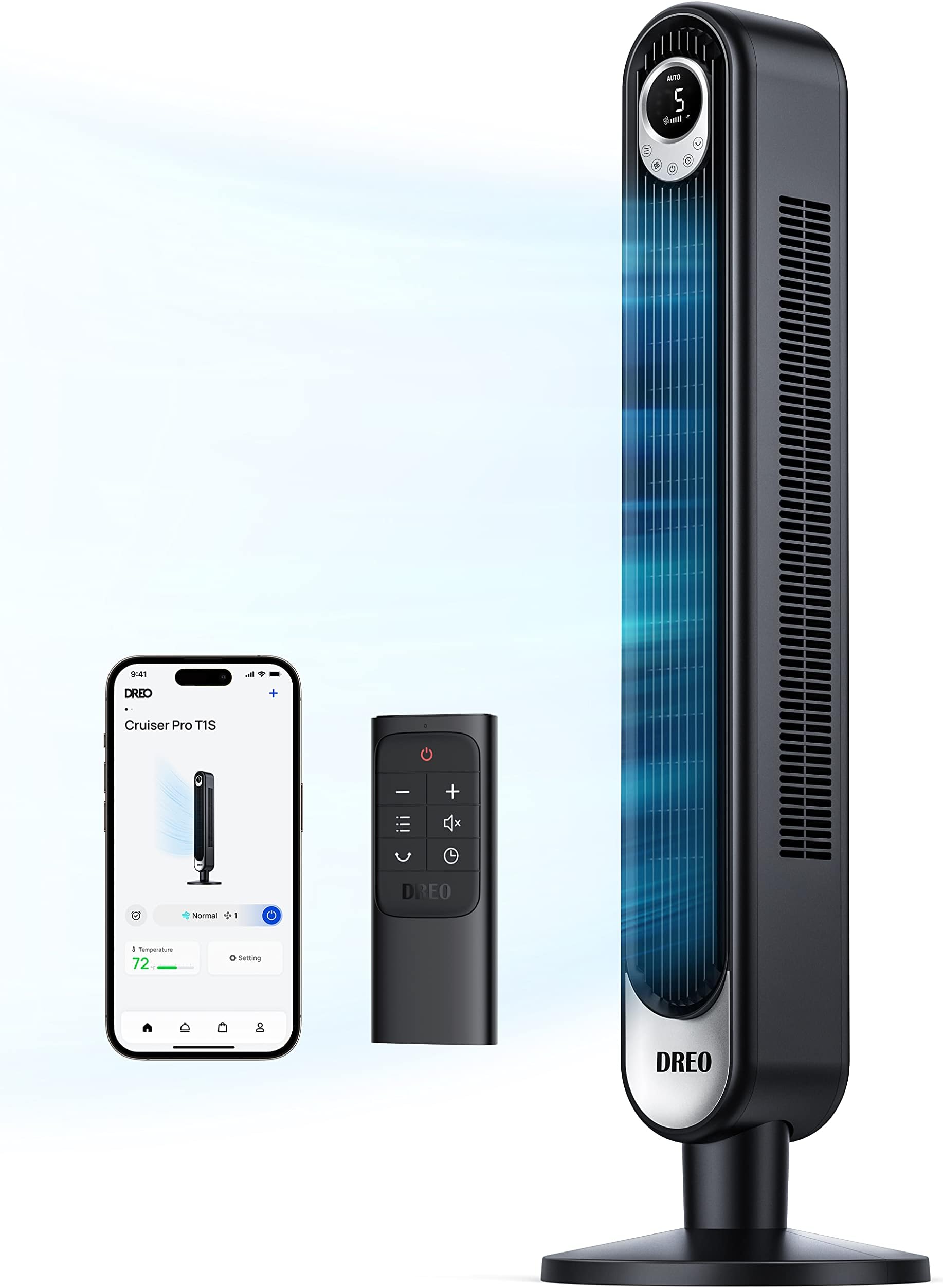 DREO Smart Tower Fan WiFi Voice Control, Works with Alexa/Google,Floor Standing Bladeless Oscillating Fan with Remote, 6 Speeds, 4 Modes, 12H Timer, for Indoor Bedroom Home Office