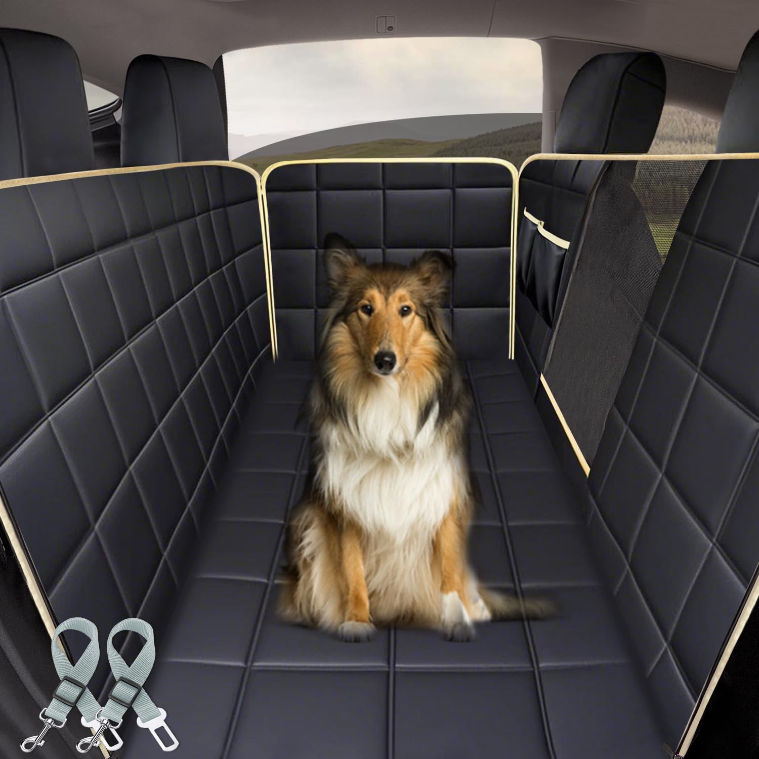 Lassie Dog Hammock for Car, Compatible with 2020-2025 Tesla Model Y Dog Seat Covers,Dog Car Seat Cover for Back Seat with 4 Headrests and 2 Seat Belts, 100% Waterproof Pet Seat Protector for Dogs