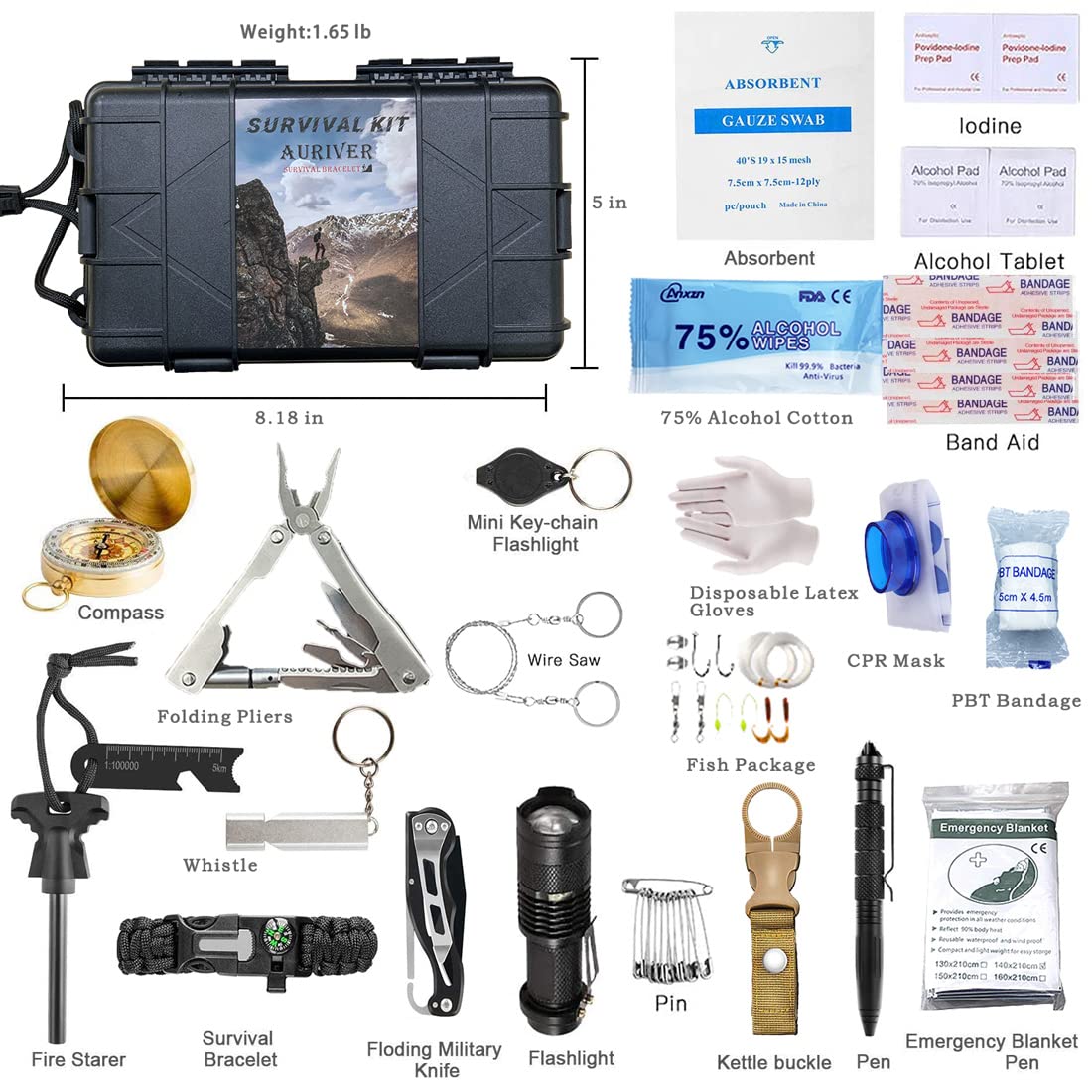 Kit de Supervivencia, 24 en 1 Multifuncional Equipo de Botiquín primeros auxilios profecional, Regalos ideales de Navidad y cumpleaños para Hombres para Viajar Caminar Acampar