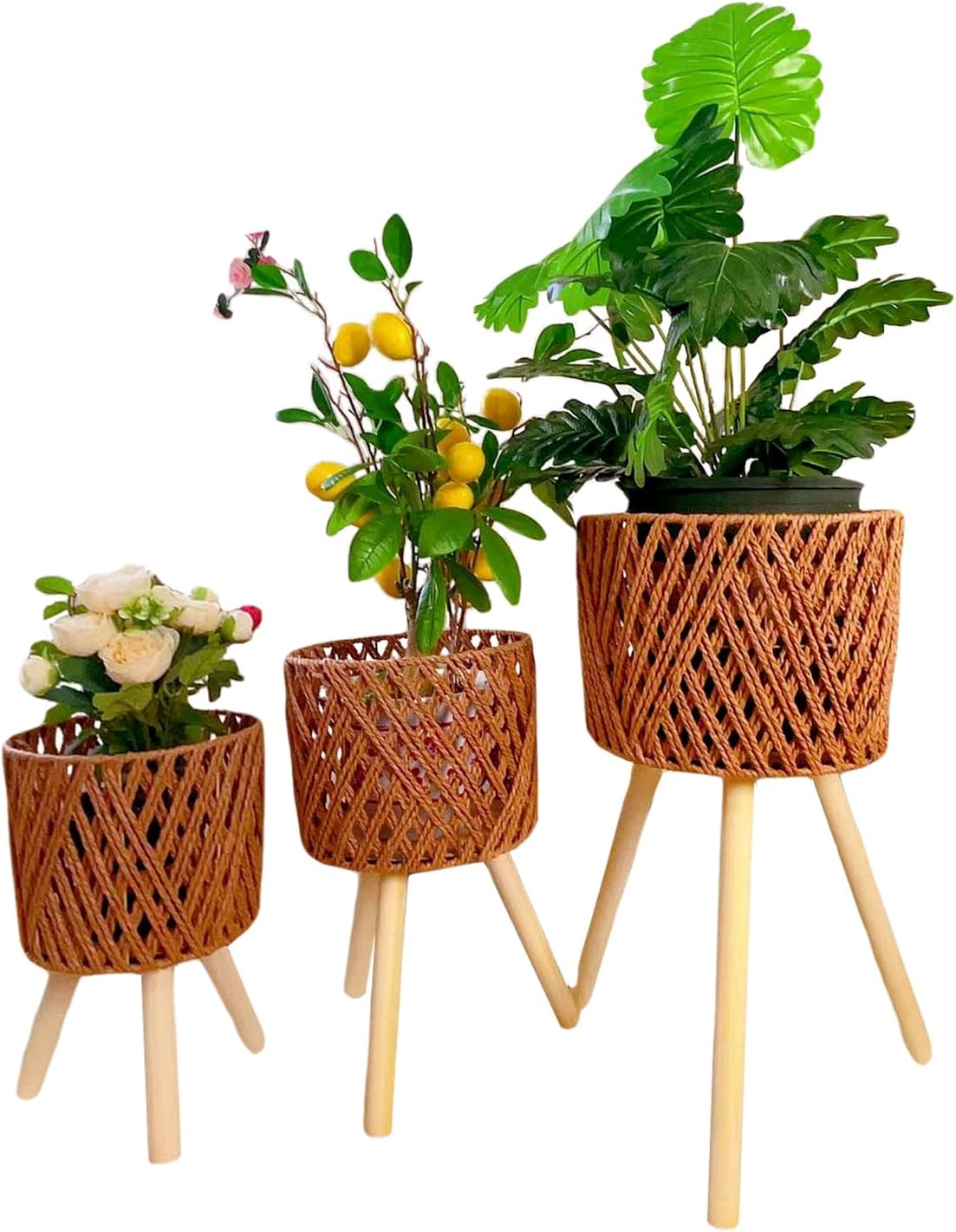 Bohemian 3-Piece Rattan Plant Stand Set - Handwoven Wicker Flower Pot Holder with Tripod Base, Sturdy Mid-Century Modern Plant Shelf for Indoor/Outdoor Use (E(3-Packs) Flowerpot)