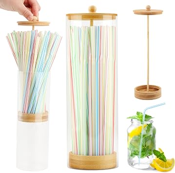 Straws Holder Dispenser with Bamboo Lid, 10-Inch Acrylic Drinking Straw Dispenser Includes 100 Colorful Straws Transparent Straw Storage Container for Kitchen,Pencils and Cutlery