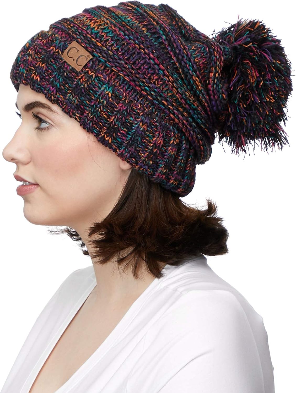 Hatsandscarf CC Exclusives Unisex Oversized Slouchy Beanie with Pom (HAT-6242POM) (Black Multi Amazon)