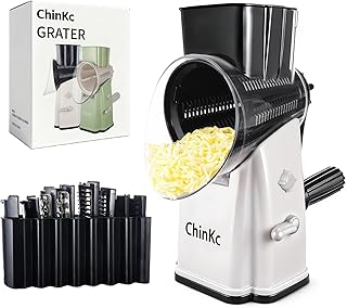 Rotary Cheese Grater Shredder - Upgraded 5 in 1 Cheese Grater with Handle and Strong Suction Base, Multi-purpose Julienne Slicer Ice Shaver Nuts Grinder for Ice, Vegetables, Fruit, Nuts
