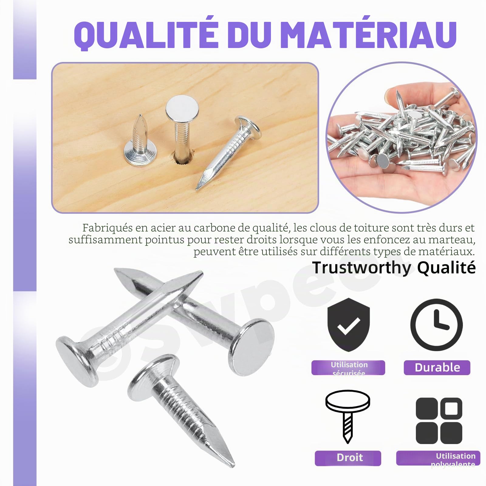 Swpeet Lot de 300 clous en feutre galvanisé de haute qualité de 2,5 cm pour toiture en feutre, bardeaux d'asphalte et panneaux isolants