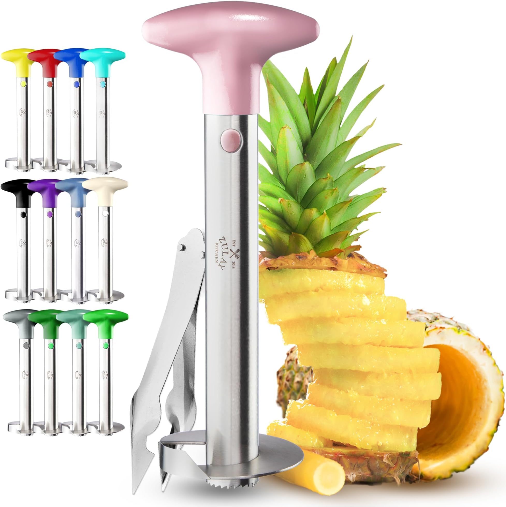 Zulay Kitchen Stainless Steel Pineapple Corer & Slicer – Heavy Duty Pineapple Cutter & Eye Removal Tool – Effortless Core Remover Tool with Sharp Reinforced Blade & Ergonomic Handle - Pink