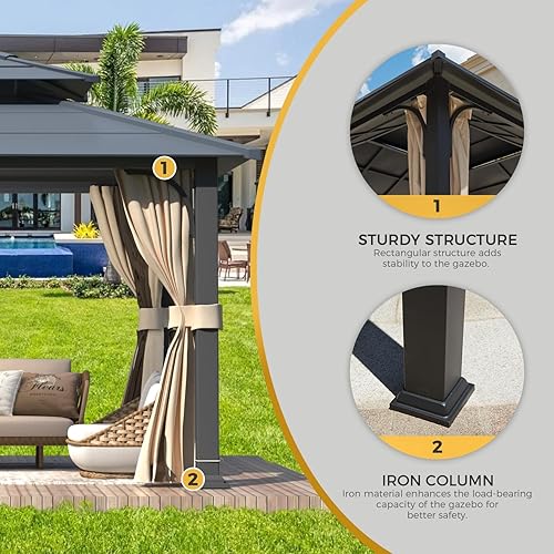 Miniatura 4 de YOLENY Gazebo de 12 x 14 pies con techo de acero galvanizado, cenador de techo duro de doble techo con revestimiento antioxidante, gazebo al aire