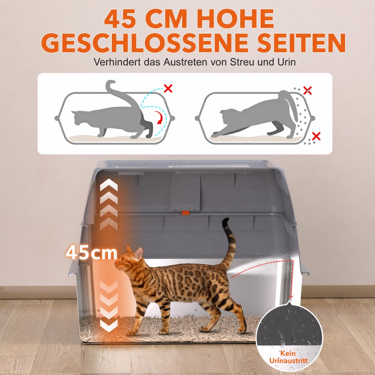 XXXL Katzenklo Edelstahl mit Deckel 70x50x45 cm 90 L extra groß Katzentoilette Edelstahl für große Katzen & Mehrkatzenhaushalte, geschlossenes/Offen, leicht zu reinigen, Anti-Leck, mit Pedal
