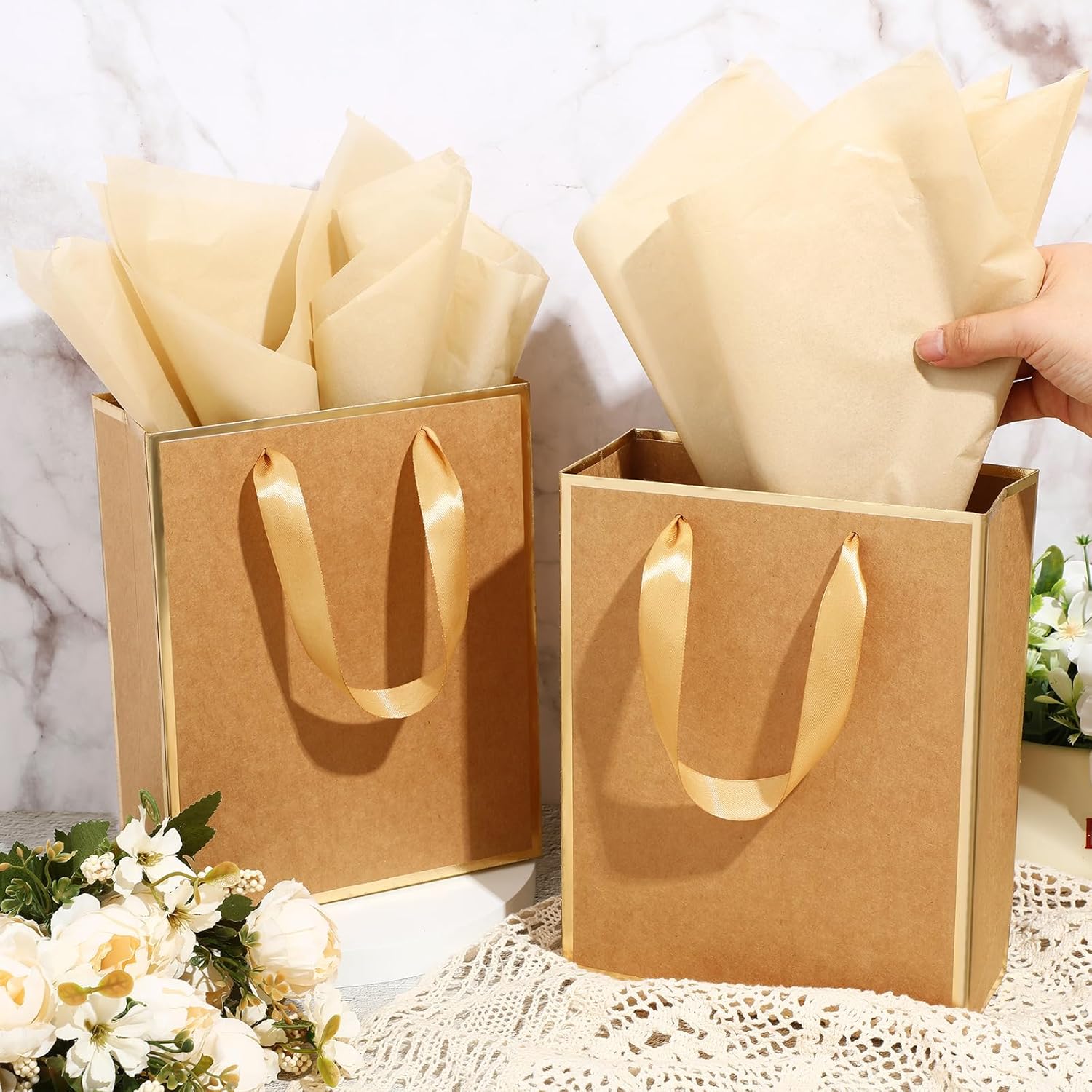 Yeaqee 24 Pack Metallic Paper Gift Bags with Handle and Tissue 9x7x3.1 Gold Foil Welcome Thank You Favor Bags Return Gifts for Wedding St. Patrick's 5 Senses Bridesmaid Birthday(Kraft, Gold) - Image 5