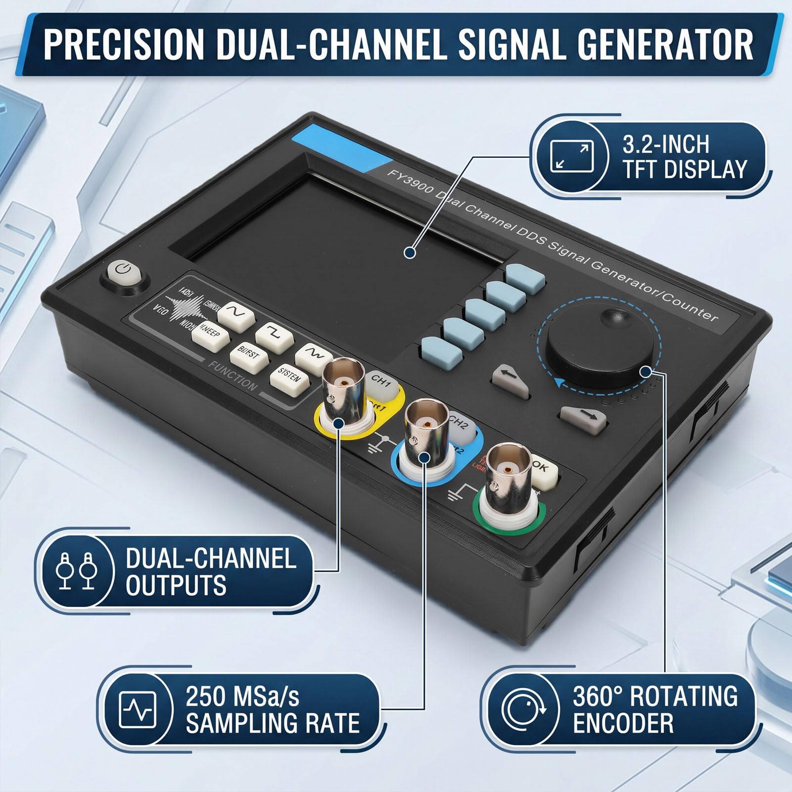 Generic Generador de Señal de Doble Canal FY3900 Generador de Funciones de Alta Precisión para Uso en Laboratorio y Campo Diseño Compacto y Liviano 30MHz (Enchufe de la UE)