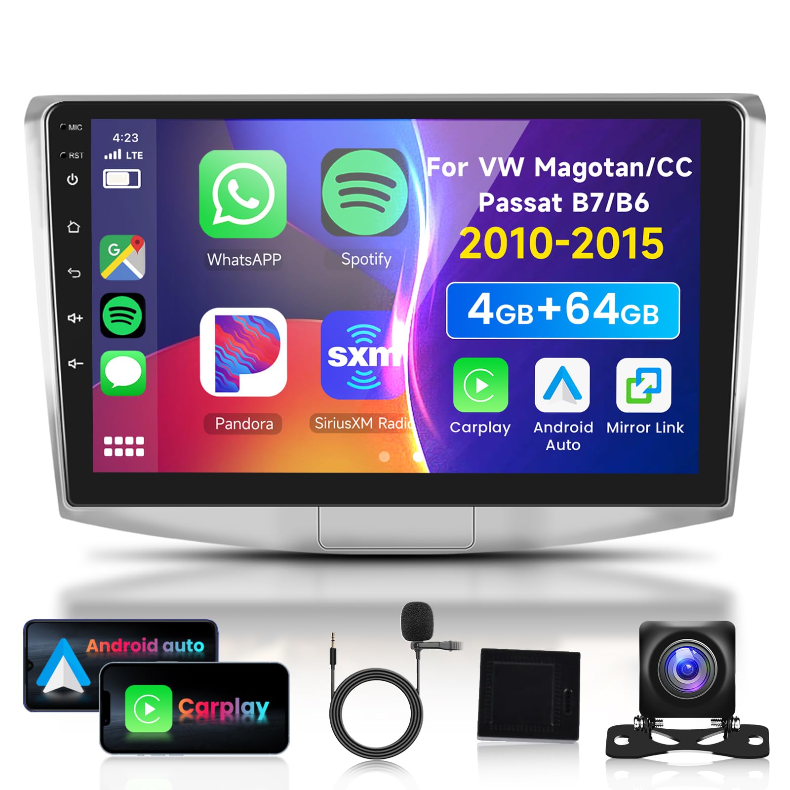 4G 64G VECHTEL 9"Autoradio Bluetooth per VW Magotan/CC Passat B7/B6 2010-2015 Carplay Android Auto,DSP EQ,1280 * 720,Wifi GPS Navi,Mirror link,RDS/FM Radio 2 din con Retrocamera AHD