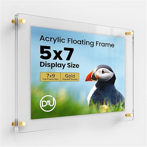 Marco de fotos flotante de acrílico transparente (5 x 7 pulgadas) con soportes dorados, pantalla de plexiglás de doble panel sin marco para fotos,