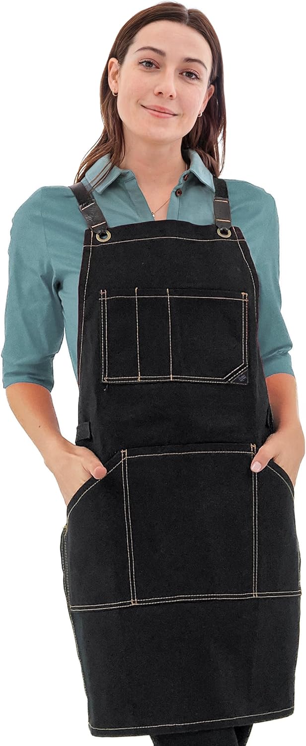 Under NY Sky Essential Black Apron – Heavy Duty Waxed Canvas, Cross-Back, Leather Reinforcement – Adjustable for Men, Women, Pro Mechanic, Welding, Woodwork, Blacksmith, Server Aprons