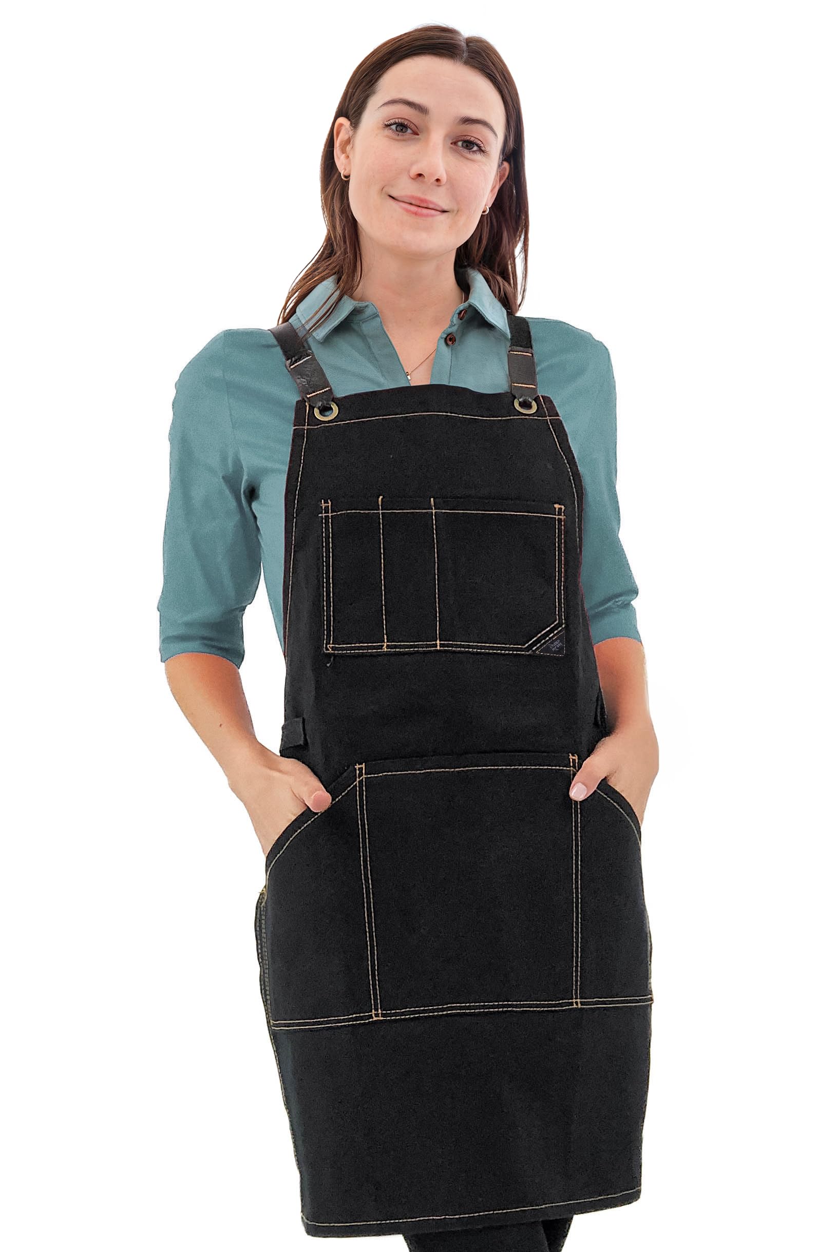 Under NY Sky Delantal de Trabajo - Lona Encerada Negra Profesional - Correas de Espalda Cruzada - Multi Bolsillos - Refuerzo de Cuero - Hombres, Mujeres, Carpintero, Mecánicos, Herramienta, Taller