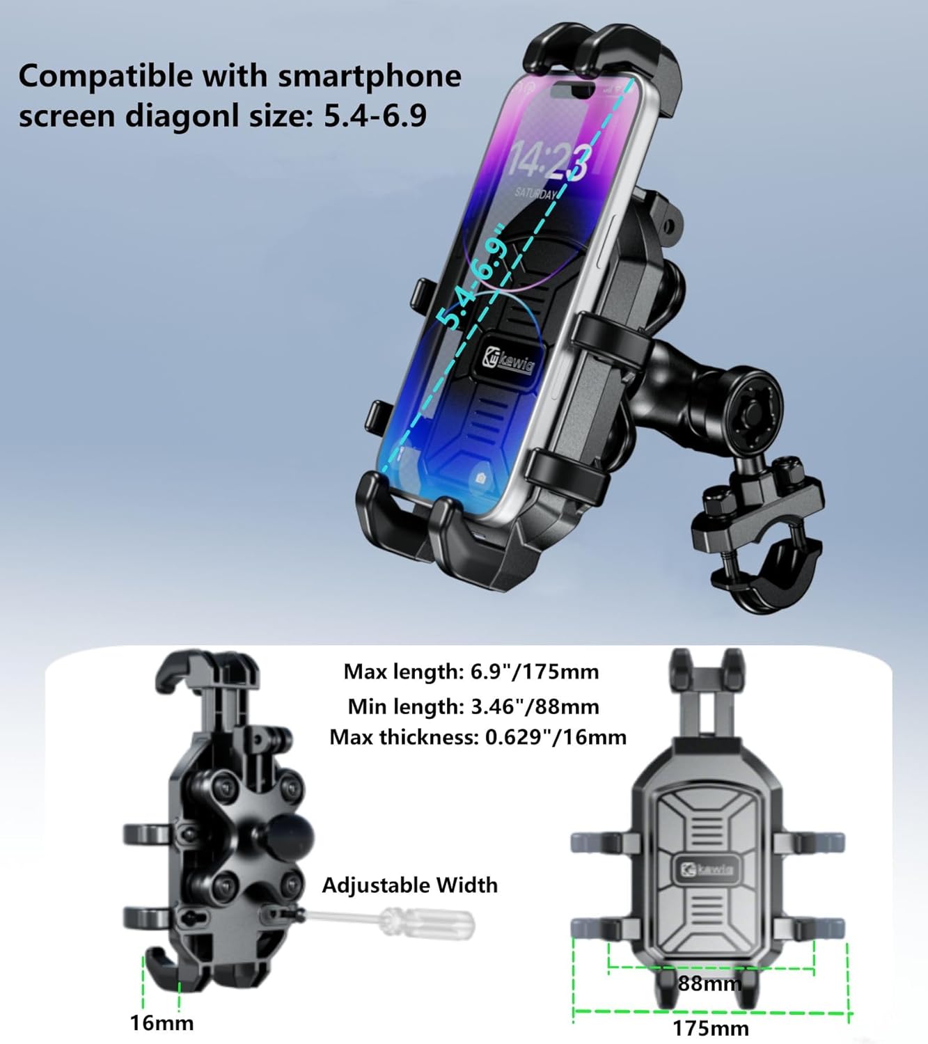 Kewig Motorcycle Phone Mount with Vibration Dampener, Anti-Shake Cellphone Cradle with Metal Handlebar Mounting Base Bike Phone Holder for Motorcycle Scooter ATV Fit 5.4-6.9" Phone