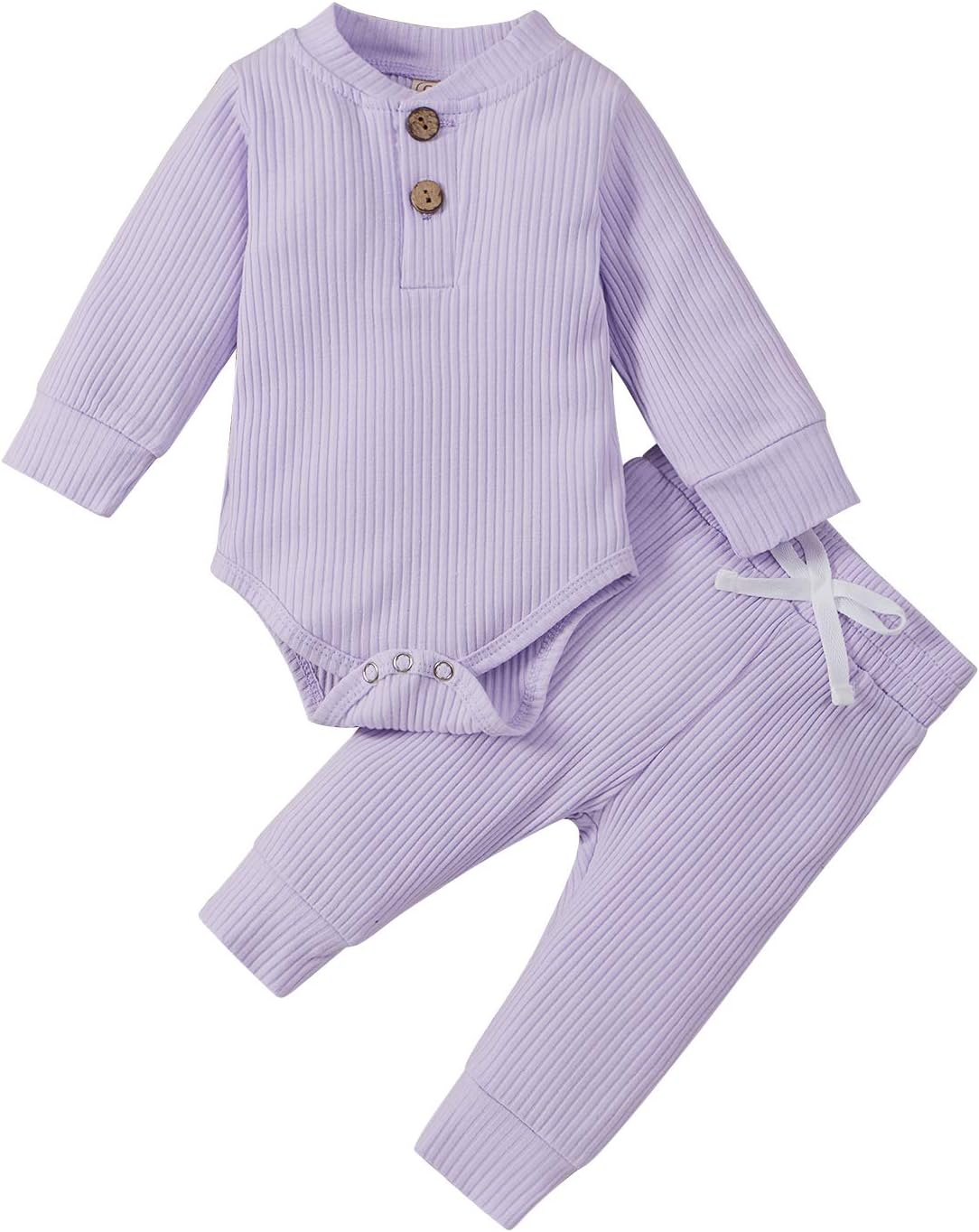 Nuwuiher Newborn Baby Boy Girl Clothes Ribbed One-Piece Bodysuit Button Long Sleeve T-Shirt TopLong Pants Fall Winter Outfits