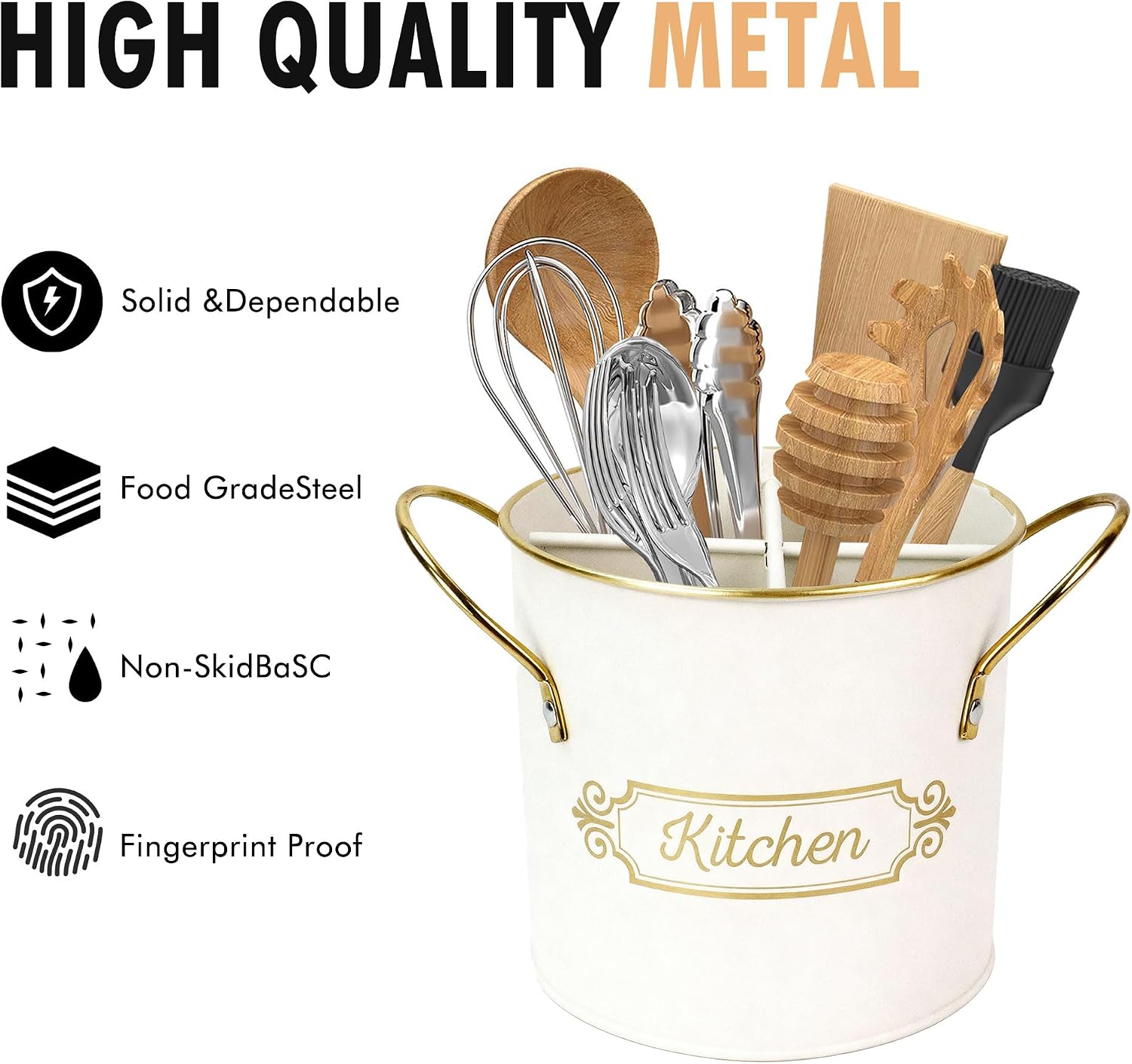 Kitchen Utensil Holder, 5.1" Metal Cooking Utensil Crock with with Removable Divider, Modern Farmhouse Kitchen Decor, Countertop Utensil Organizer for Spoons Cooking Tools