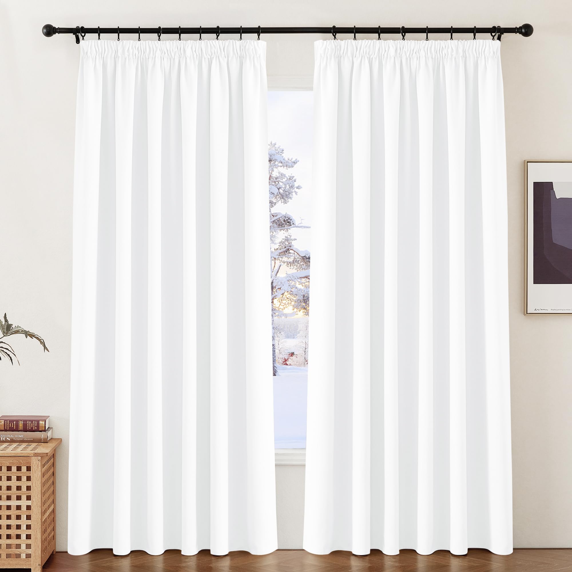 PONY DANCE Thermal Curtains Lining 90 Inch Drop - Pure White Large Width Thick Blackout Curtains Pencil Pleat Window Curtains Privacy Protection for Living Room, 2 Panels, W90 X L90