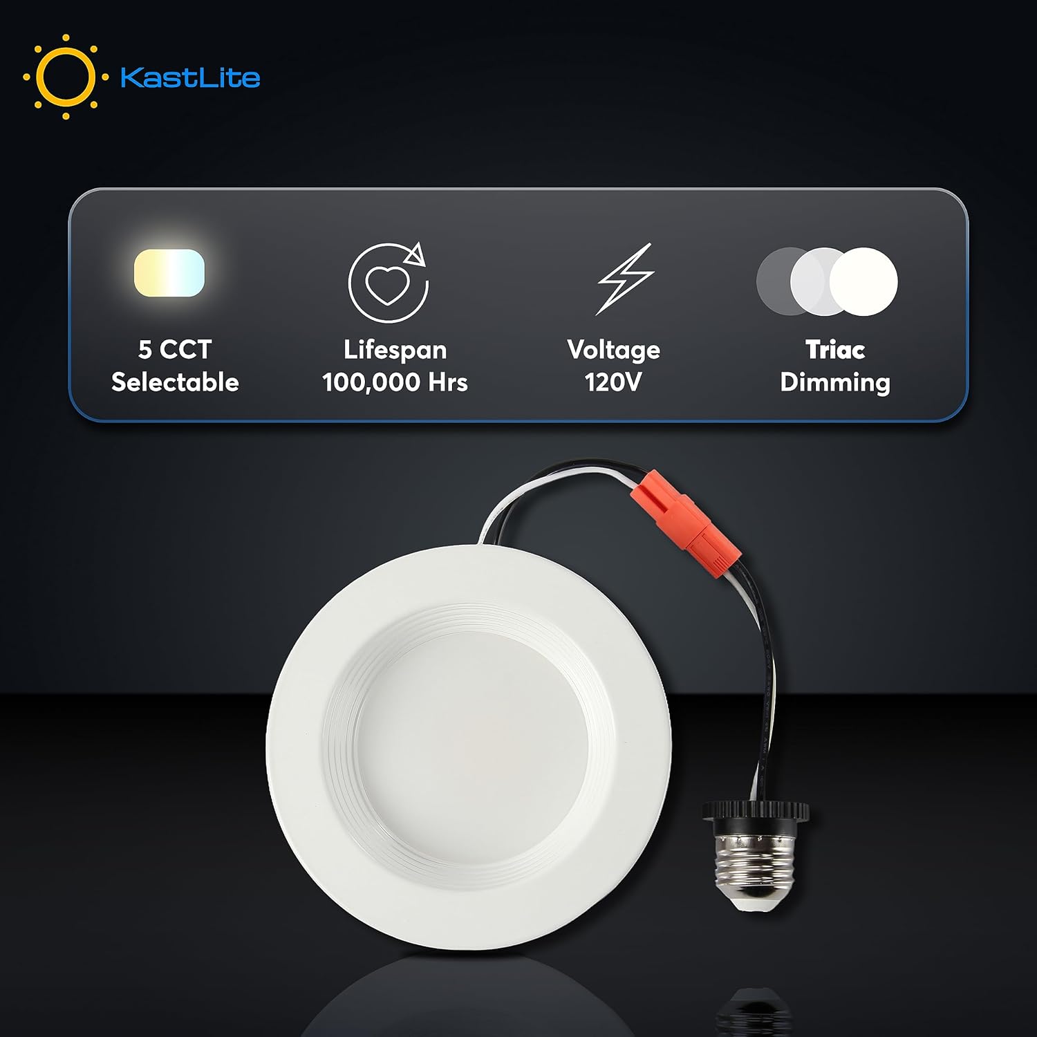 KASTLITE 4 in. LED Recessed Ceiling Light, 5CCT (2700K–5000K), 9W Retrofit Downlight with Tension Clips, 600 Lumens, Dimmable, Wet Rated, White Trim – Energy Star | 8-Pack