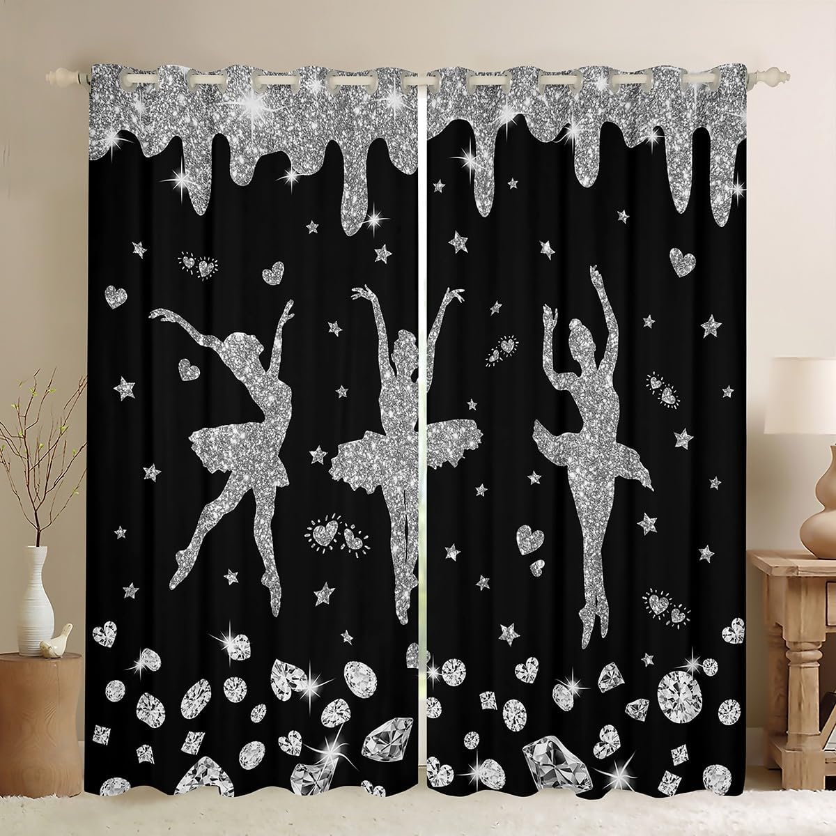 Black Grey Ballet Curtains & Drapes 42"Wx63"L Glitter Ballet Dancer Window Curtains Ballerina Blackout Curtains For Kids Girls Bedroom Sequins Diamond Love Hearts Stars Window Treatments 2 Panels