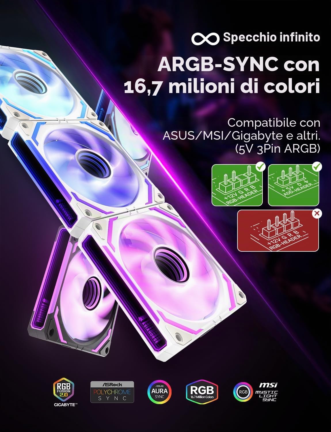 AsiaHorse COSMIQ - Ventola per PC RGB da 120 mm, 3 pezzi, ARGB Daisy Chain PC Ventola [Infinity Mirror] [FDB] 2000 RPM/68,5 CFM/24 LEDS 4 pin PWN & 5V 3Pin ARGB con controller. Bianco
