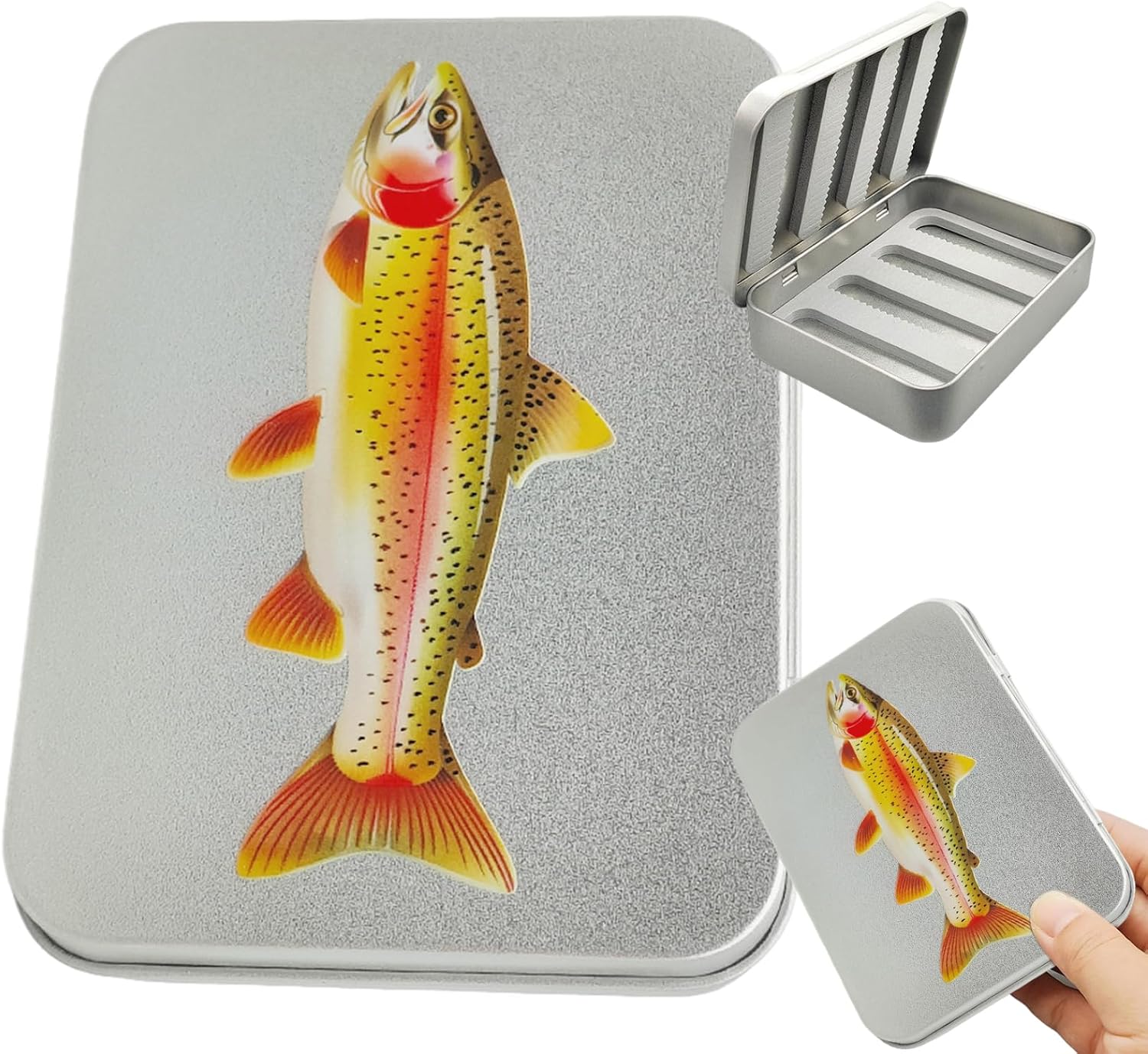 1Set Fly Fishing Box Double-Sided Tacky Fly Box Metal Trout Flies Print Storage Fishing Box 4.65x3.43" Large Capacity Fly Boxes for Fly Fishing