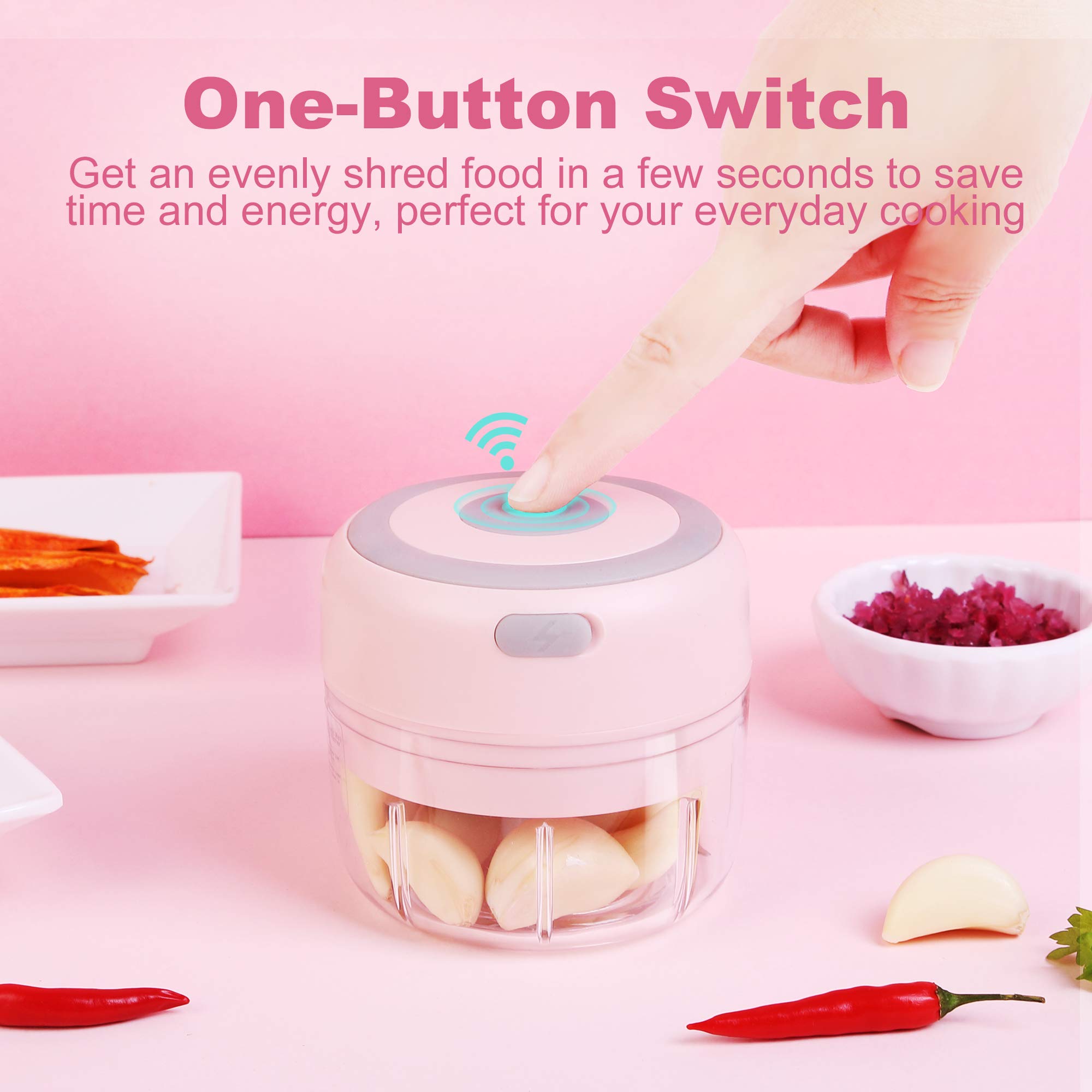DAHOKO - Mini picador de ajo eléctrico inalámbrico de 100 ml] Mini picador eléctrico con cuchara