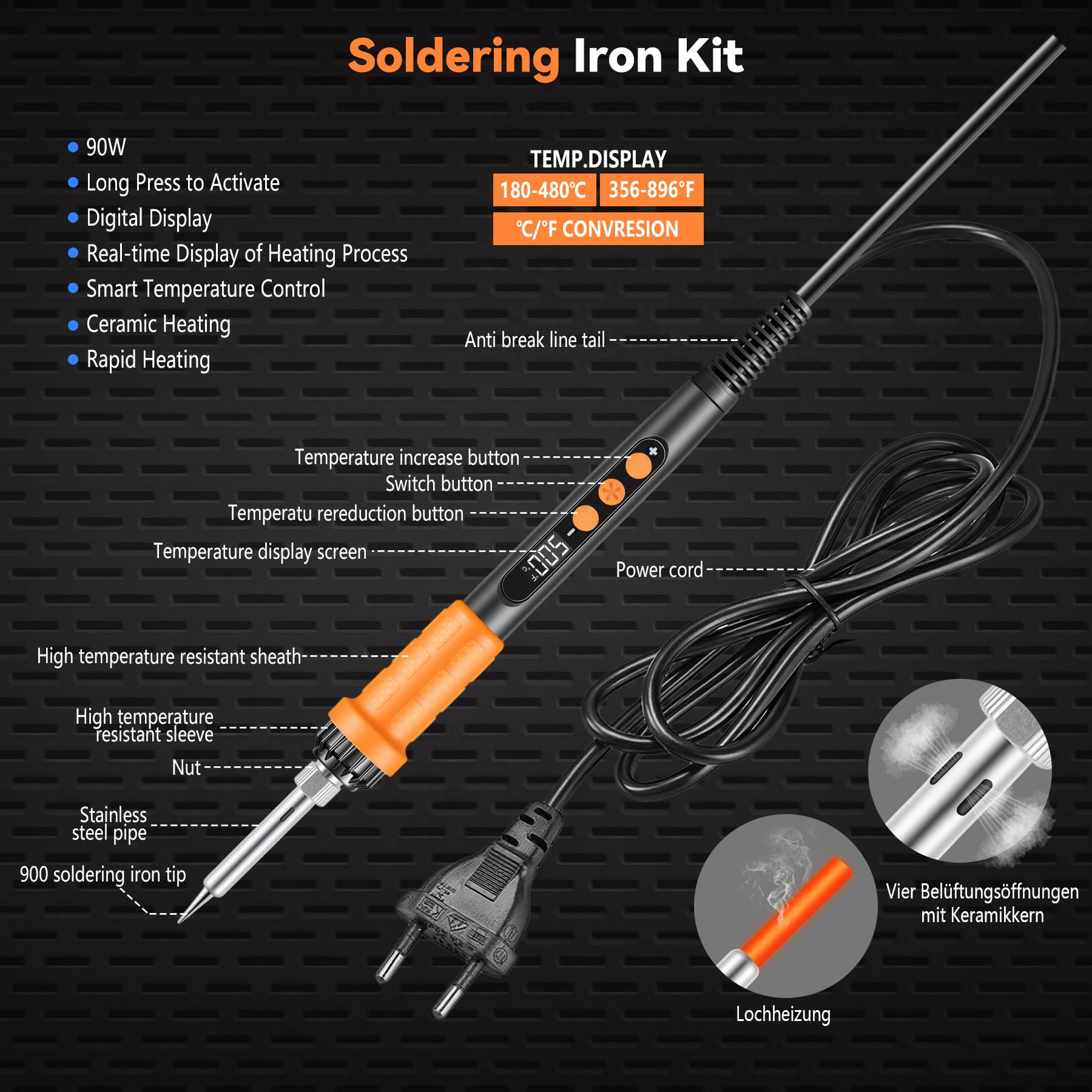 Juego puntes soldadura 151pz rosc, Juego soldad temp ajust 90W, insertos roscados M2-M8 para impresión 3D, puntas de soldadura M2-M8 + soporte + pinzas + cabezal adaptador de dibujo (Naranja)