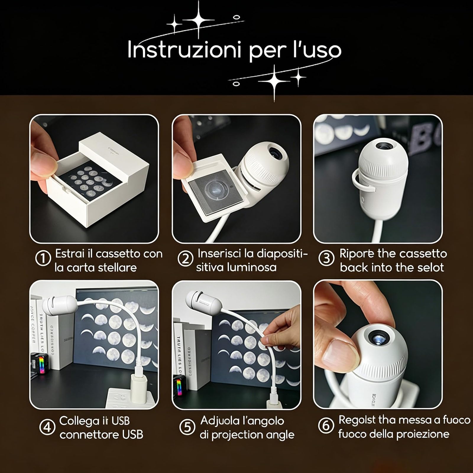 Adius Proiettore di Luce Notturna 2 in 1, Proiettore Portatile Multifunzionale per Cielo Stellato, Rotazione a 360°, Luminosità Regolabile, per Auto, Camera da Letto, Decorazione (24pcs)