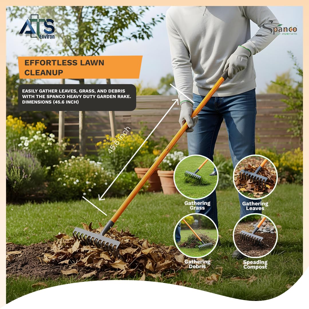 Spanco Heavy Duty Garden Rake (10 Teeth) with Long Handle for Quick Clean Lawn | Garden Leaf and Garbage Hand Cultivator | Garden Rake for Grass (SWHR-130) 24 71ErBpThCeL. SL1080