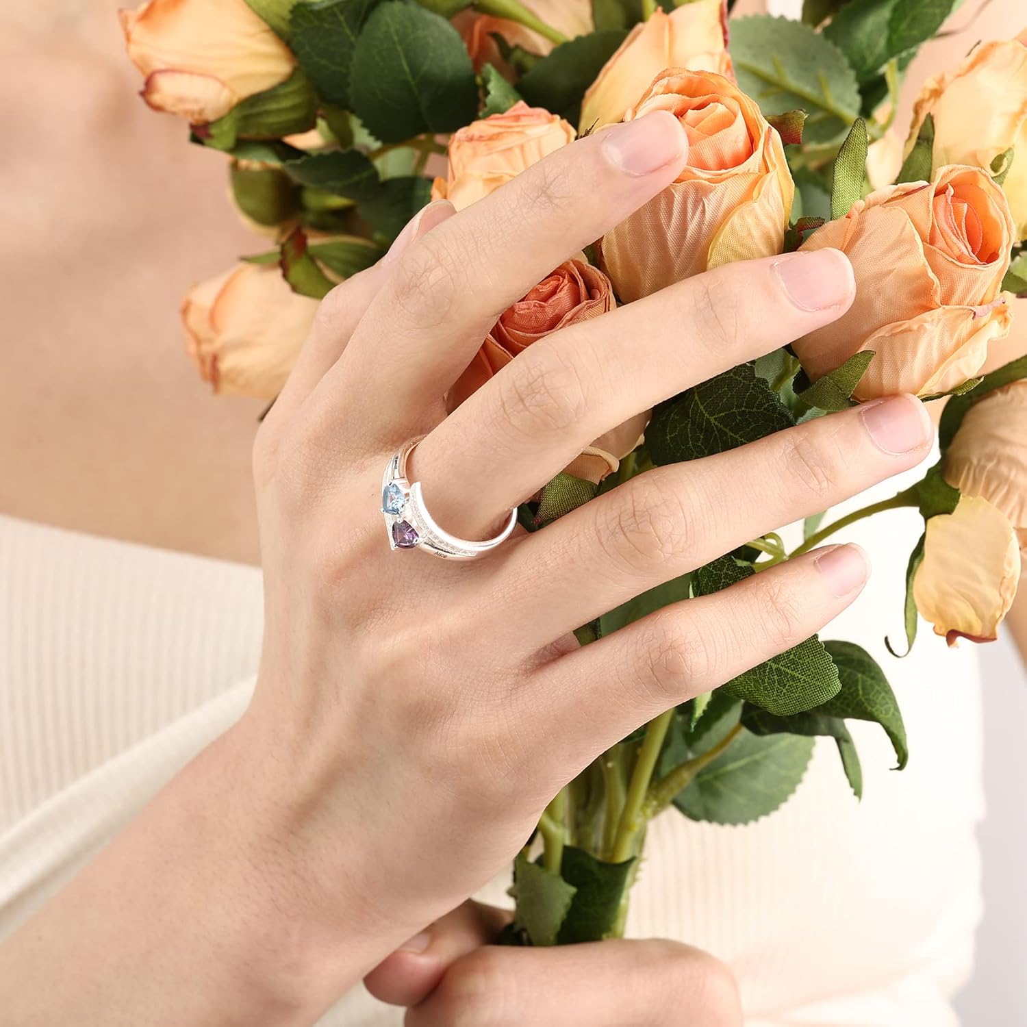 Personalized Simulated Birthstones Promise Ring Engraving 2/3/4 Names S925 Sterling Silver Ring for Women Couple Wedding Engagement Jewelry Gift