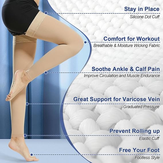 beister Thigh High Compression Socks 20-30 mmHg, Footless, Women & Men