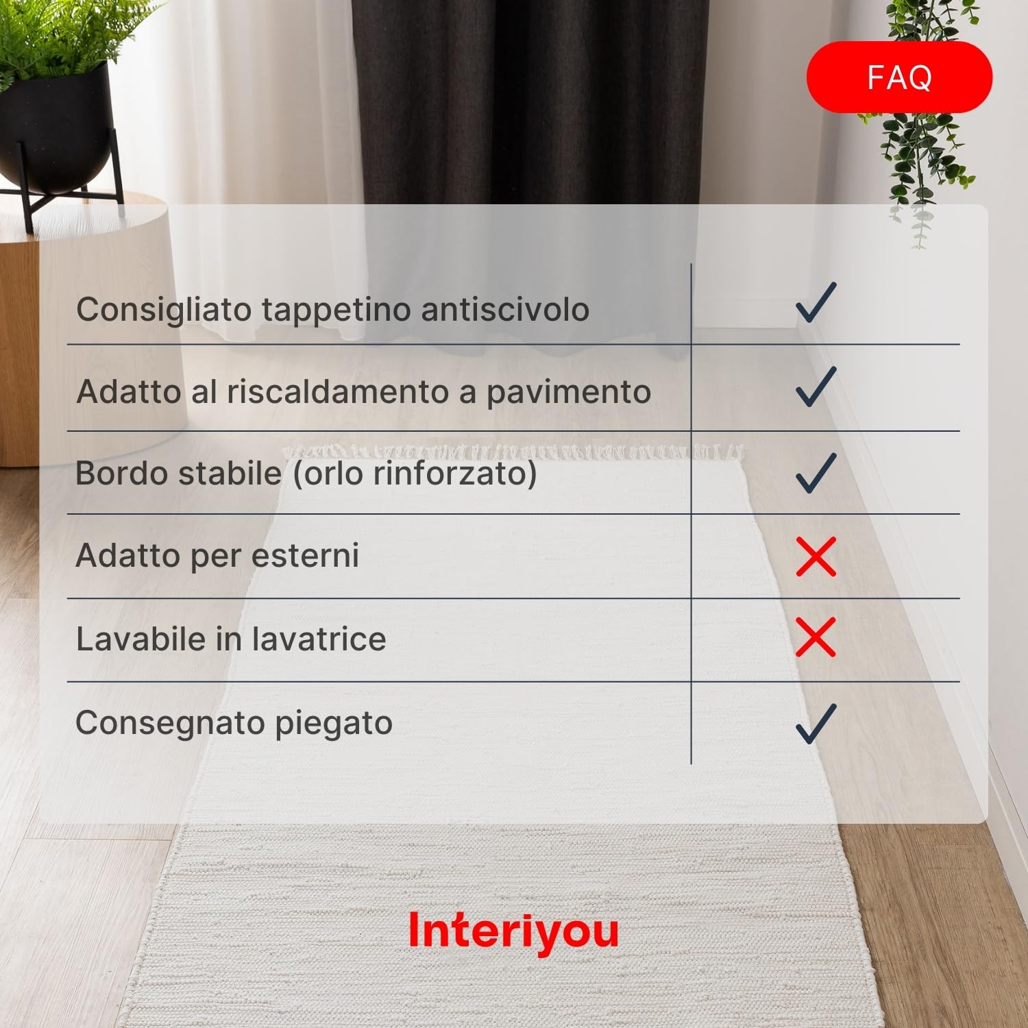 Interiyou Tappeto cotone Toledo - 70x200 cm Bianco - Tessuto artigianale con frange per salotto, camera, stanza bambini, pranzo, cucina o corridoio