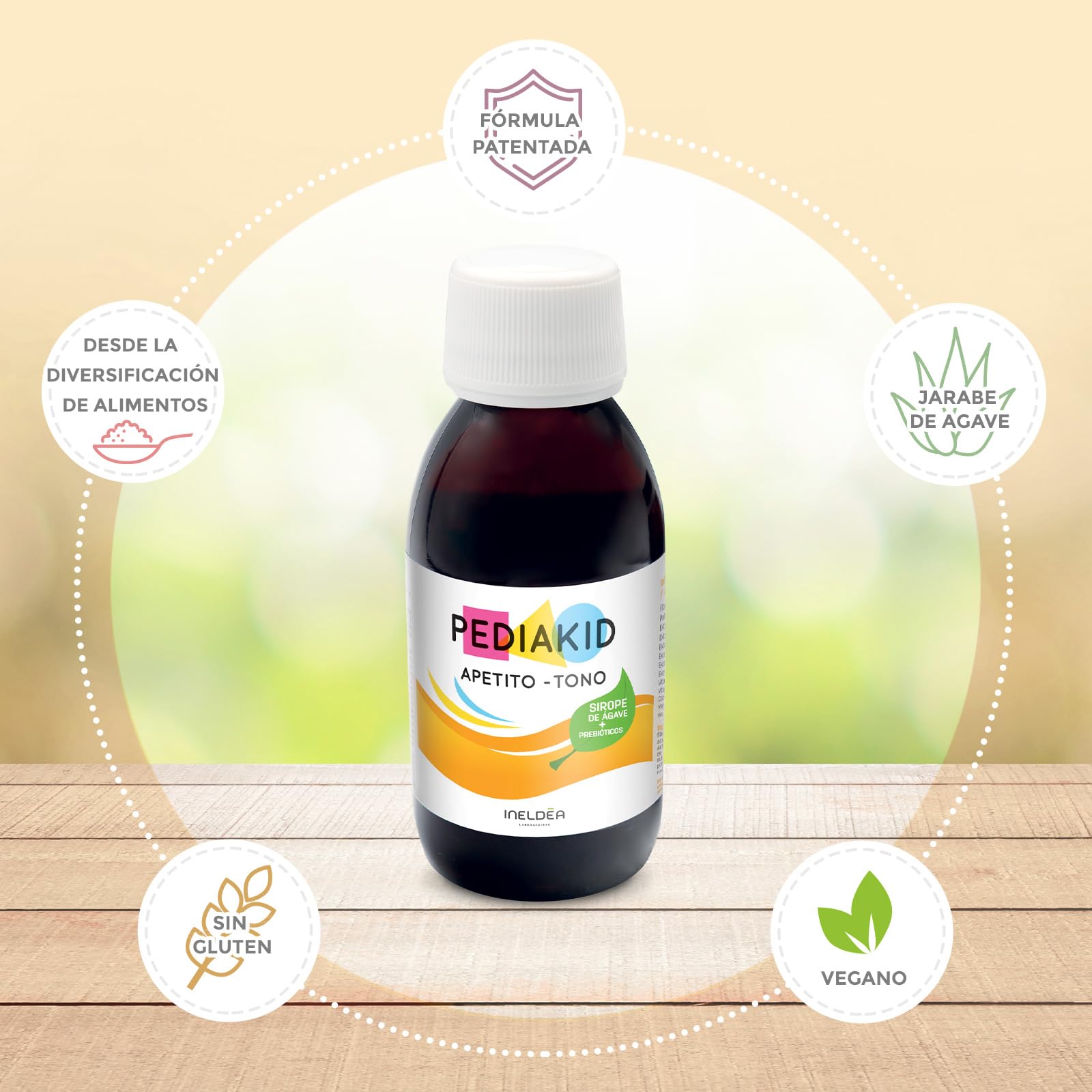 PEDIAKID Apetito-Tono Complemento alimenticio Sirope de Agave Estimula el apetito Aumentar peso Aroma Natural Frambuesa 125 ml