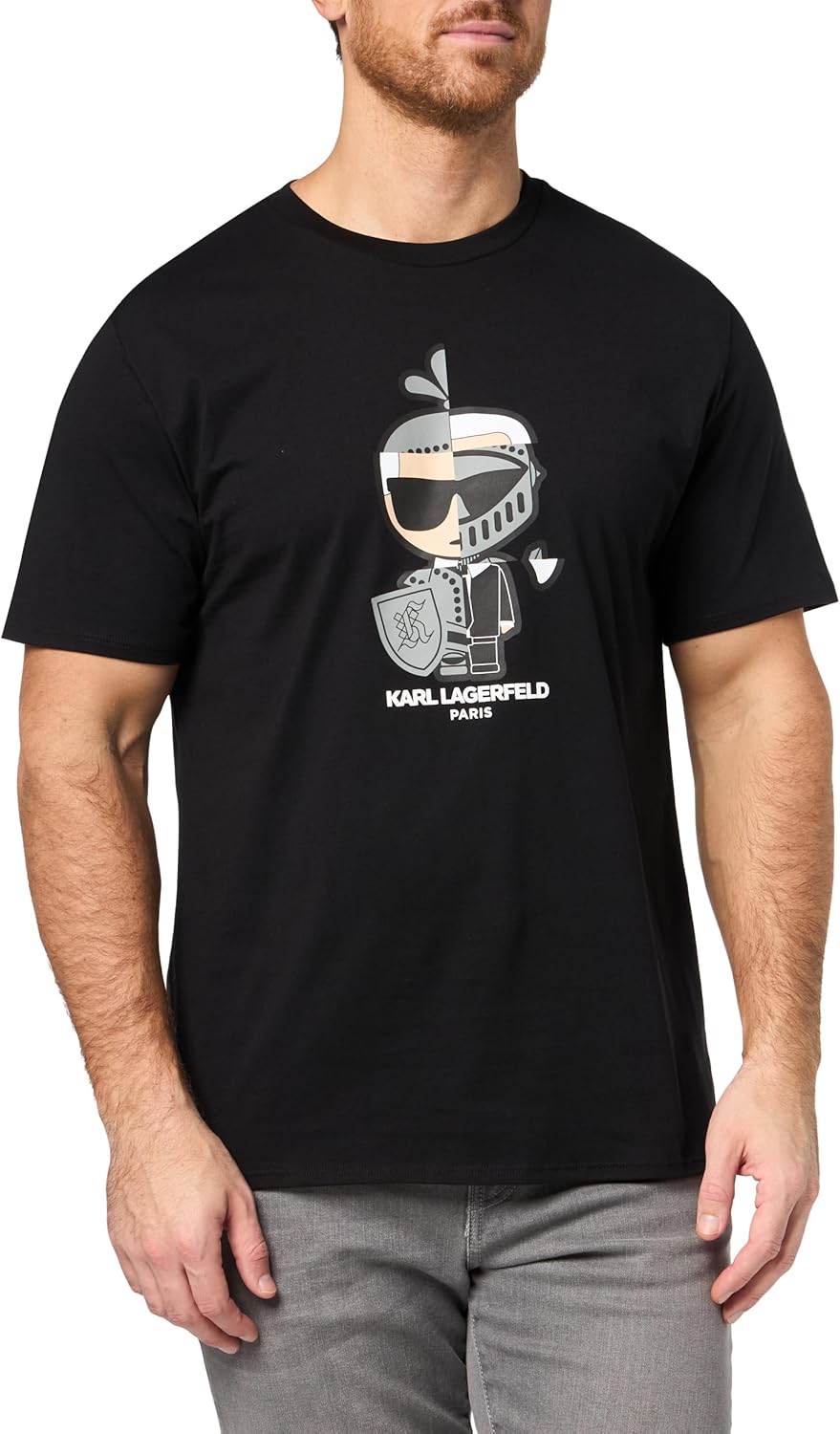 Karl Lagerfeld Mens Crewneck Short Sleeve Spliced Armor Graphic Design Relaxed Fit T-Shirt