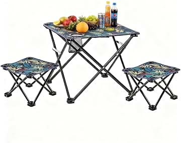 SNZ Juego de Mesa Plegable con 2 Taburetes para Camping, Mesa de Exterior con Portavasos, Topes Antideslizantes, para Plegable y Portátil para Playa, Jardín, Fiestas, Incluye Bolsa de Transporte