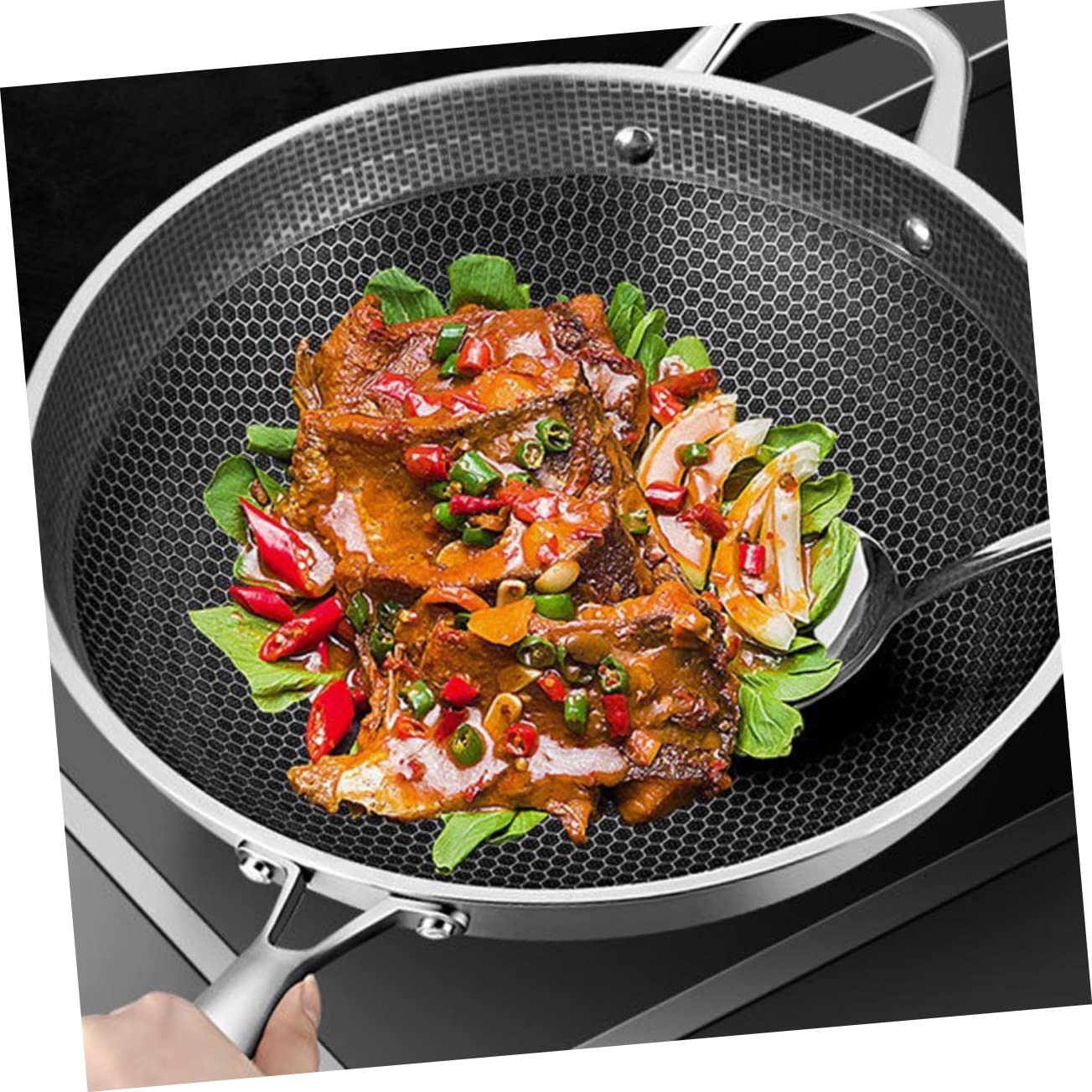 Zerodeko Wok Ménager en Acier Inoxydable Design Épaissi et Revêtement Texturé Antirayures, Poêle pour Cuisinière Électrique la Cuisine Quotidienne