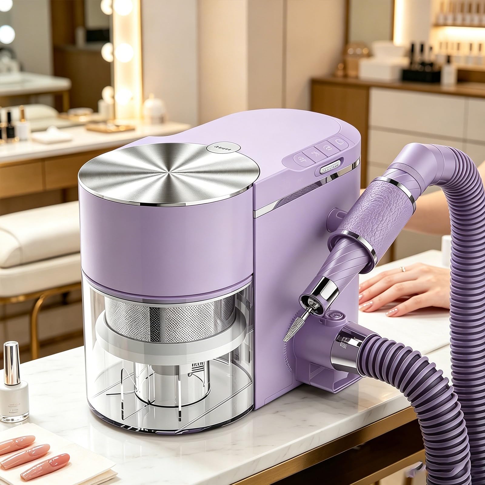 Sunseota Professional Nail Drill and Dust Collector 2-in-1, Electric Nail File Polisher with Vacuum Suction, 30000 RPM Brushless Motor, ≤68dB Ultra Quiet, Extension Hose Purple