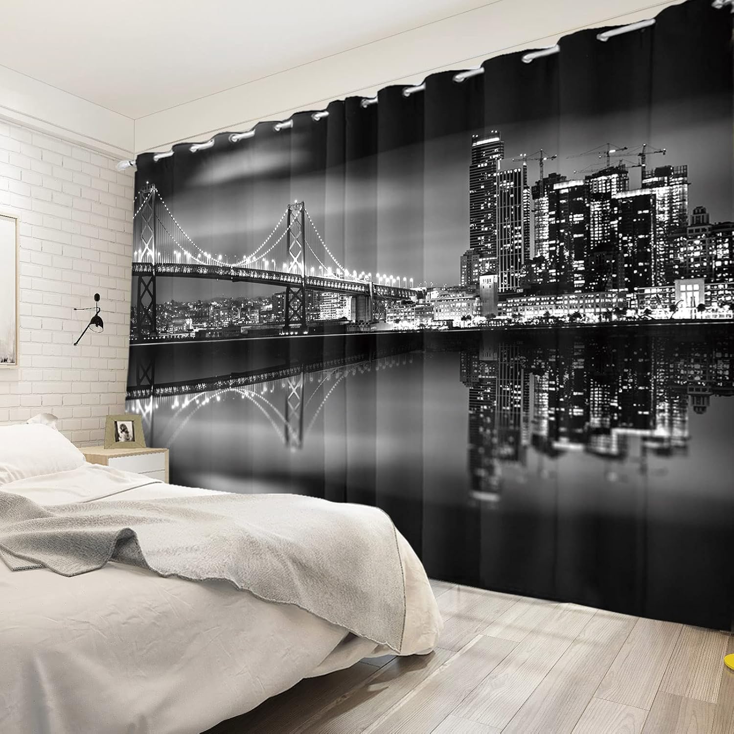 City Night View Blackout Window Curtains San Francisco Urban Bridge Skyscrapers Black Scenery Window Drapes 2 Panels Set for Modern Living Room Bedroom Decor Window Treatment, 42x96 Inch