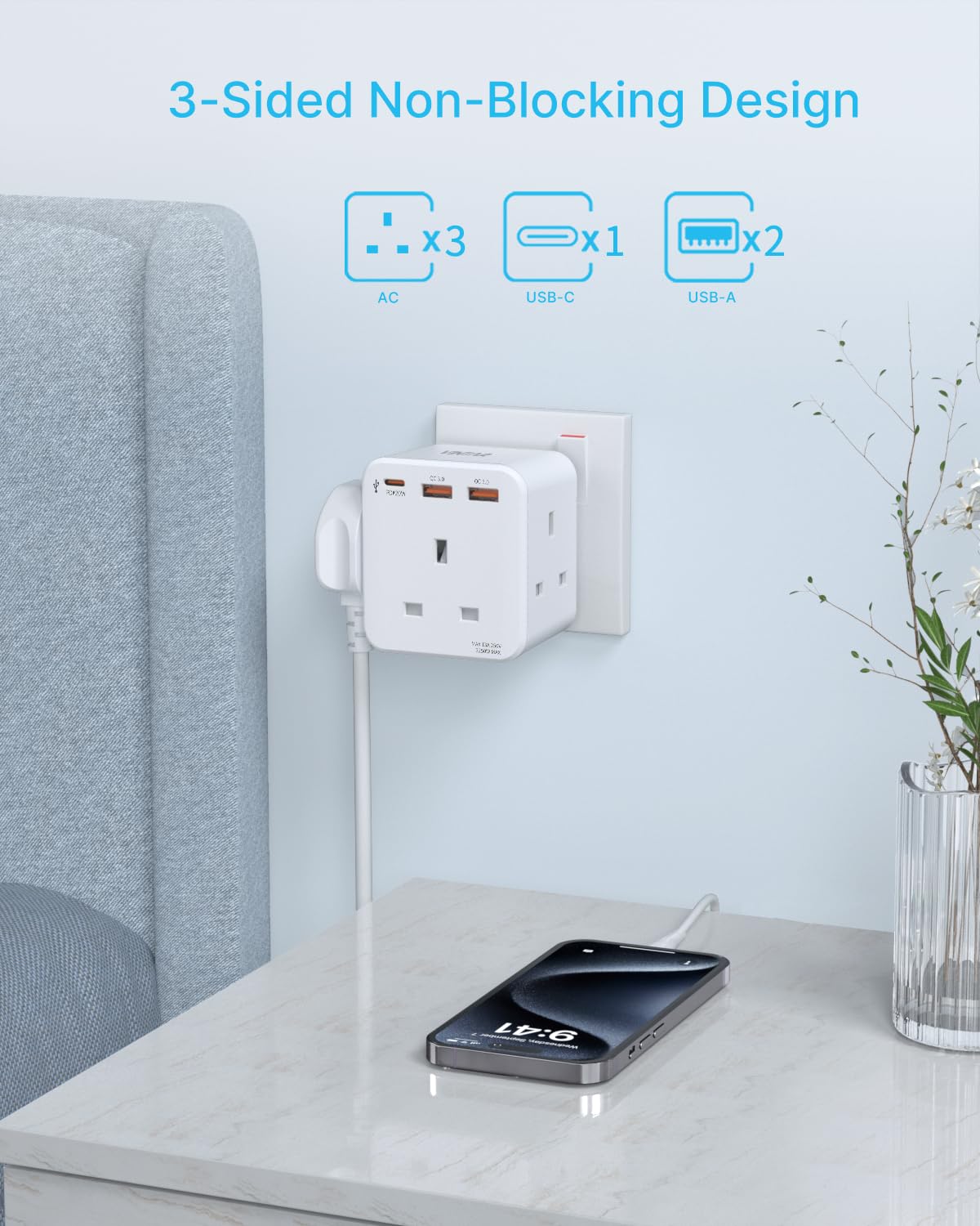 Multi Plug Adaptor with PD 20W Fast Charge USB C and 2 USB A, VINTAR 3 Way Adapter Plug Extension Socket - Image 3