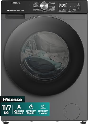 Hisense Lava e Seca, 11kg Lavagem/7kg Secagem, Wi-Fi, Steam, 13 Programas, Motor Inverter, Painel Touch, Titanium WD3S11-220V