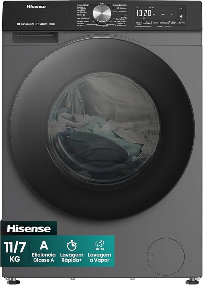 Hisense Lava e Seca, 11kg Lavagem/7kg Secagem, Wi-Fi, Steam, 13 Programas, Motor Inverter, Painel Touch, Titanium WD3S11-127V