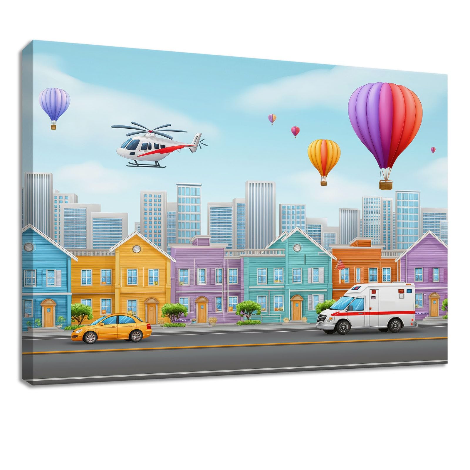 Sztuka ścienna 140 x 70 cm wydruki na płótnie kreskówka - wodoodporny plakat niebieski samochód miejski balon na gorące powietrze, obraz do salonu, sypialni, biura, kuchni, dekoracja domu