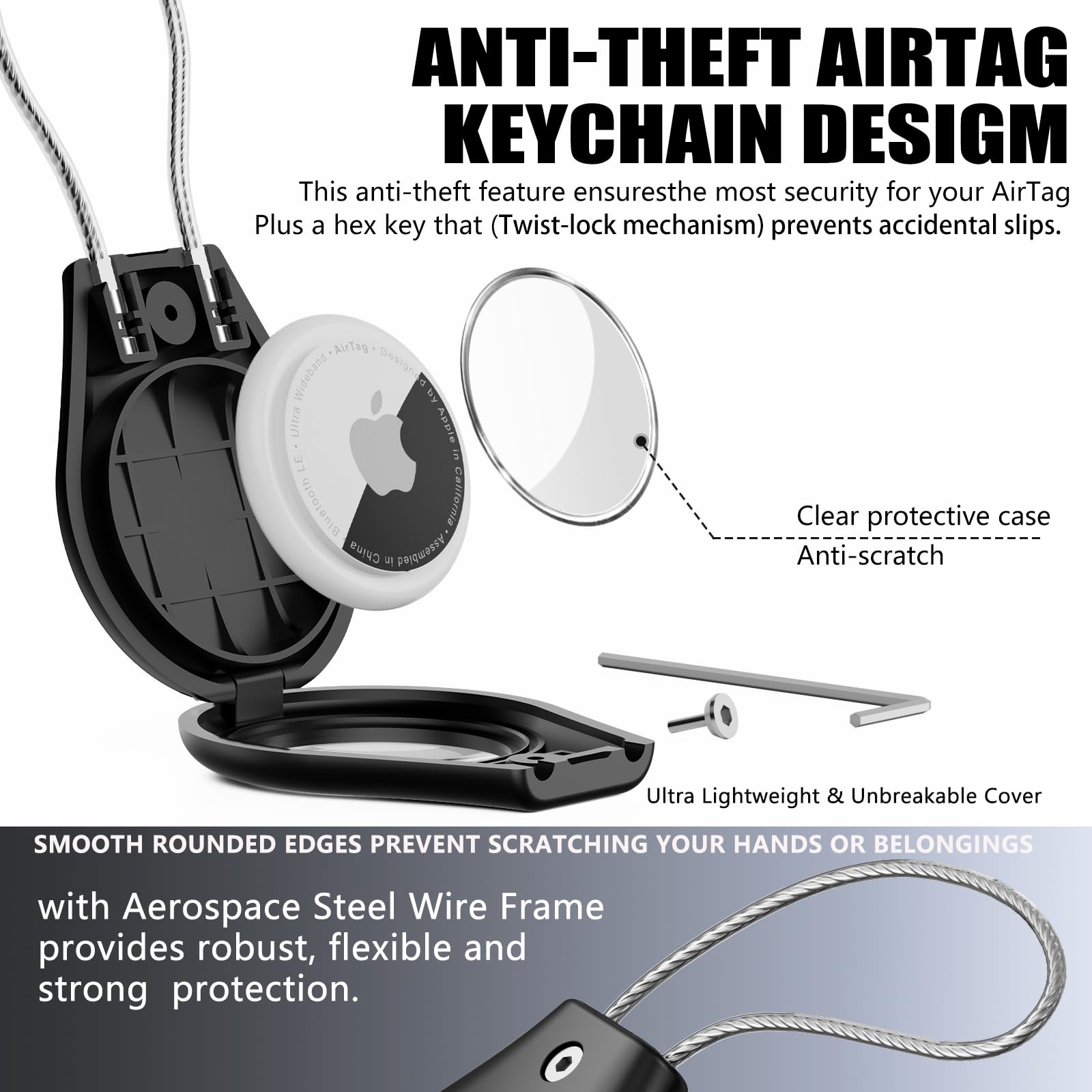 IPX8 Waterproof AirTag Holder for Apple AirTag, Ekoonpft 2 Pack AirTag Keychain with Anti-Loss Metal Wire Cable, Sratch-Proof Airtag Case GPS System Accessories for Luggage,Key,Dog