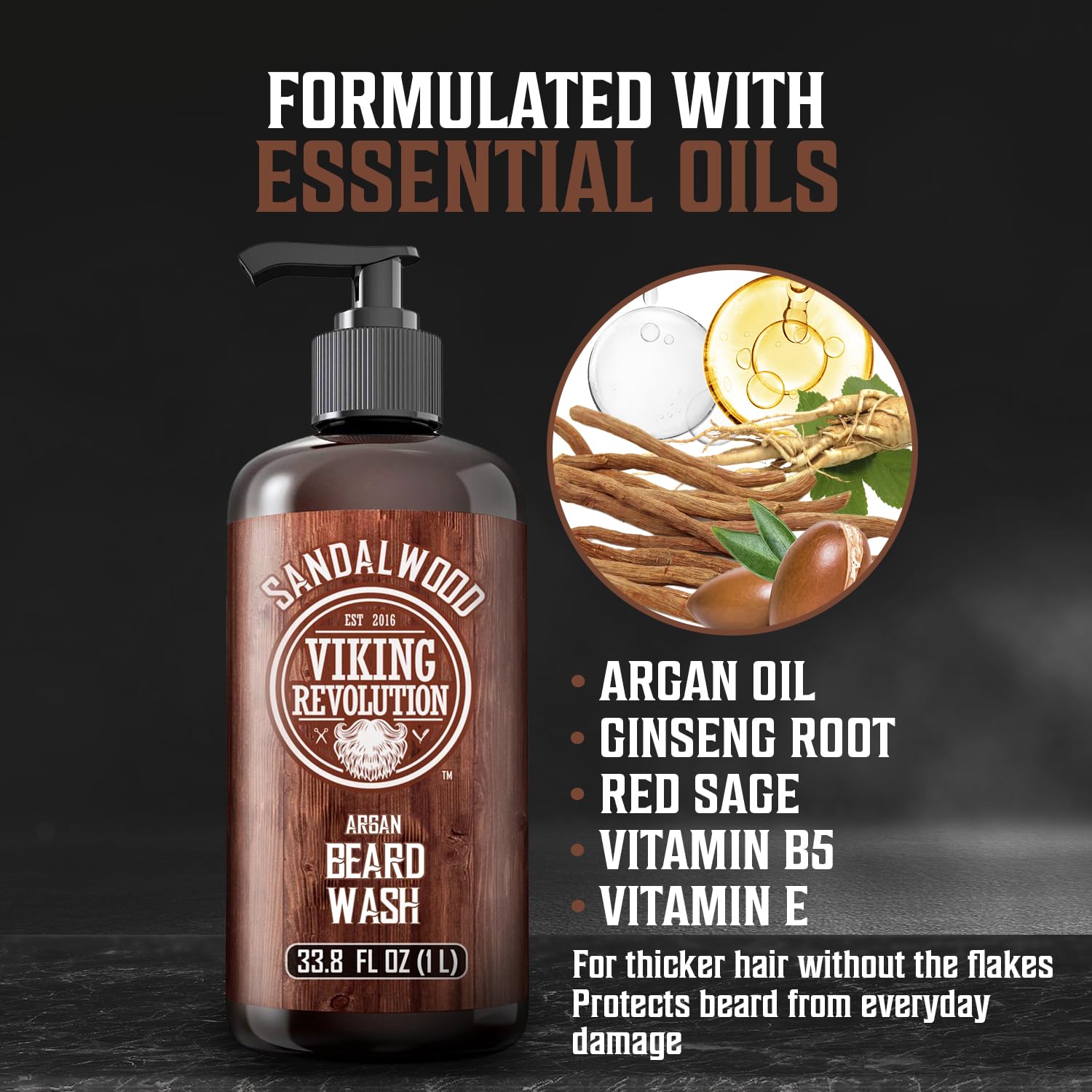 Viking Revolution Sandalwood Beard Wash for Men with Argan Oil - Beard Softener and Strengthener Beard Shampoo with Ginseng, Red Sage, Vitamin B5, Vitamin E - Sandalwood Beard Care (33.8 Fl oz)