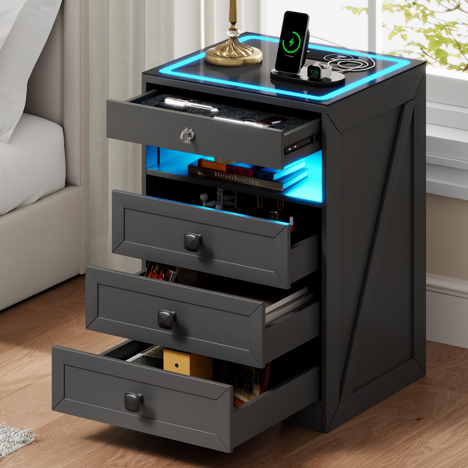 Gurexl Smart Nachttisch mit mit USB Ladefunktion & Kabelloses Laden,LED Nachtschrank mit Bewegungsmelder und Versteckte Schubladen,Intelligent Sideboard mit Glastischplatte für Schlafzimmer,Grau