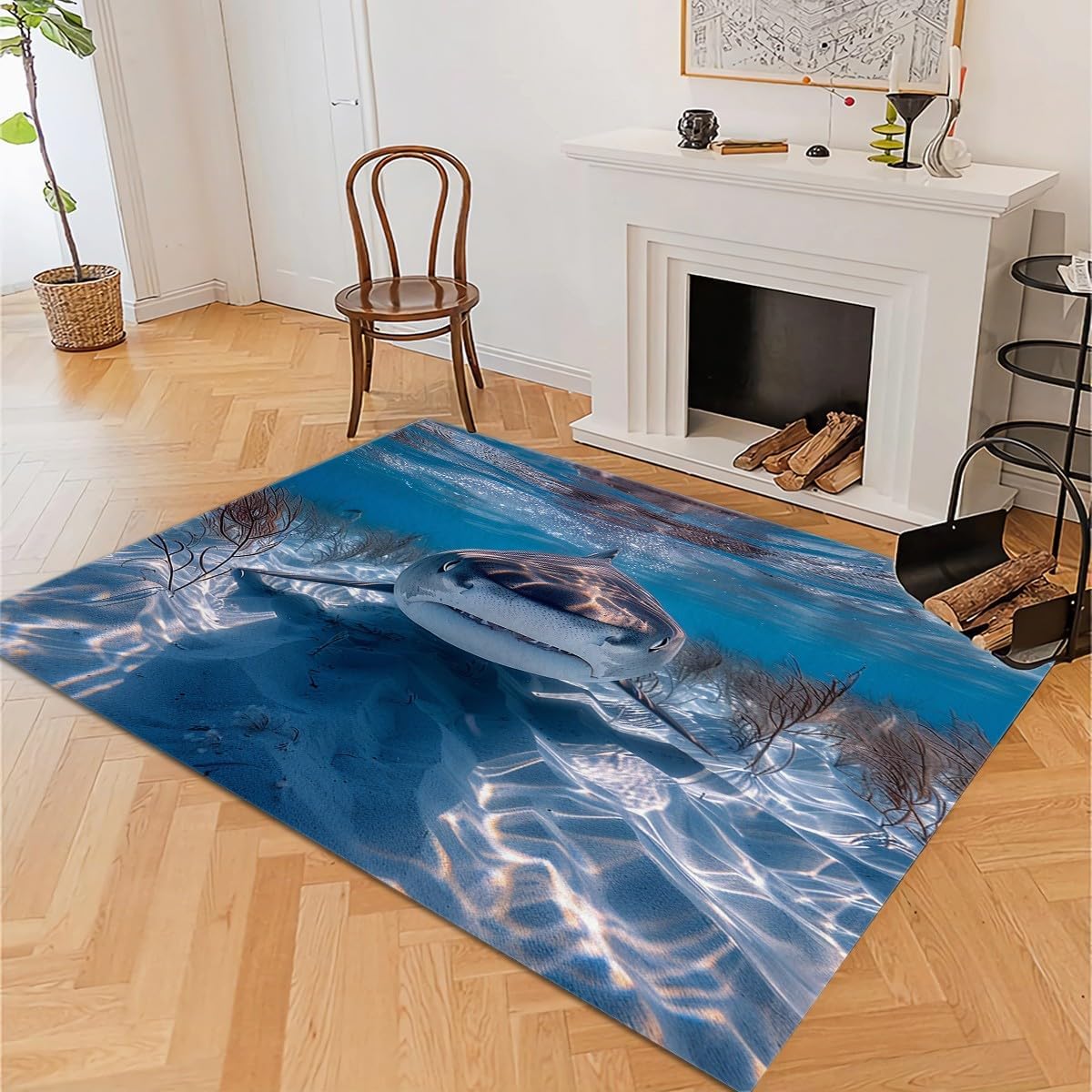 Generic Blue Kids Rugs for Room Ocean Bottom Shark Washable Rugs 5x8 Carpet for Bedroom Kitchen Hallway Living Room Laundry Room, Soft Non-Slip Decorate room carpet