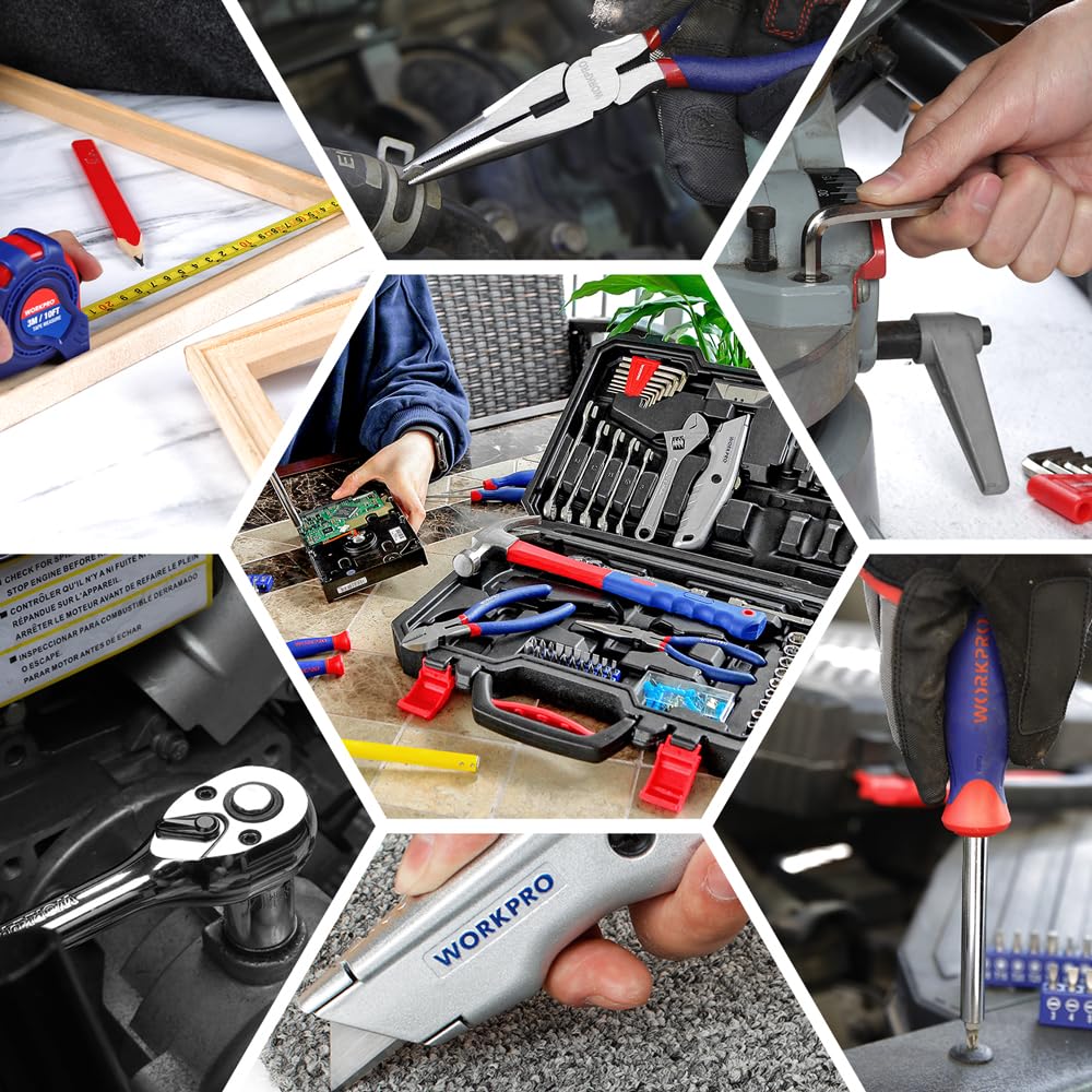 WORKPRO Zestaw narzędzi domowych 106 szt. | Zestaw narzędzi DIY z walizką do przechowywania, w tym śrubokręty, szczypce, klucze, młotek, taśma miernicza, klucz sześciokątny, nóż, uchwyt grzechotkowy i