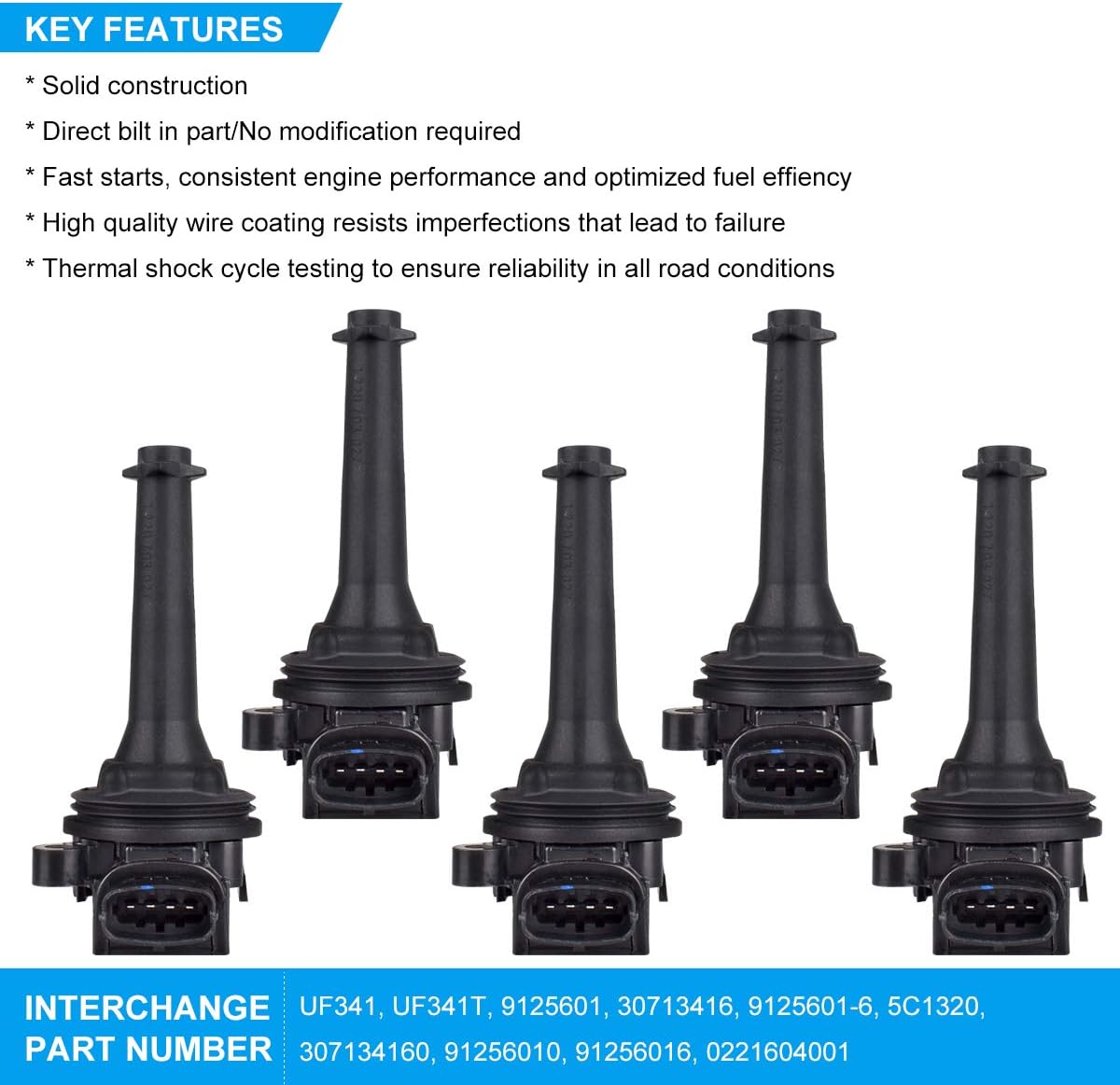 FAERSI Ignition Coil Pack of 5 Compatible with Volvo S60 C70 S70 V70 XC70 S80 XC90 L6 2.8L S80, L6 2.9L L5 2.5L, Set of 5, UF341 5C1320 30713416